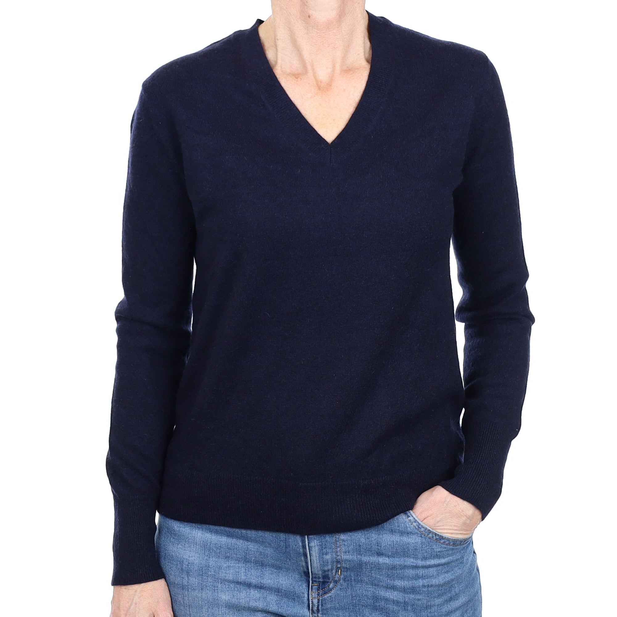 Navy Blue Cashmere V Neck Jumper Small