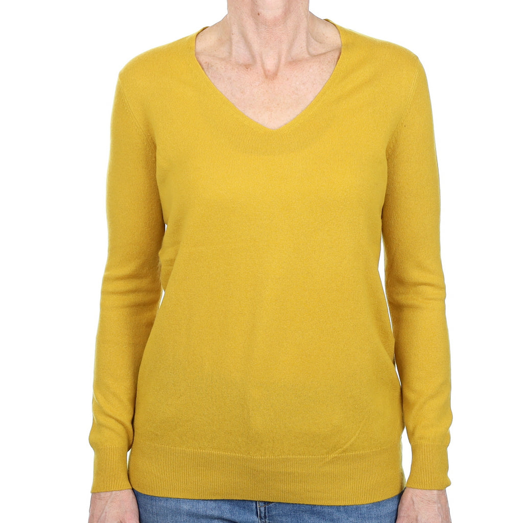 Mustard Yellow Cashmere V Neck Jumper Small