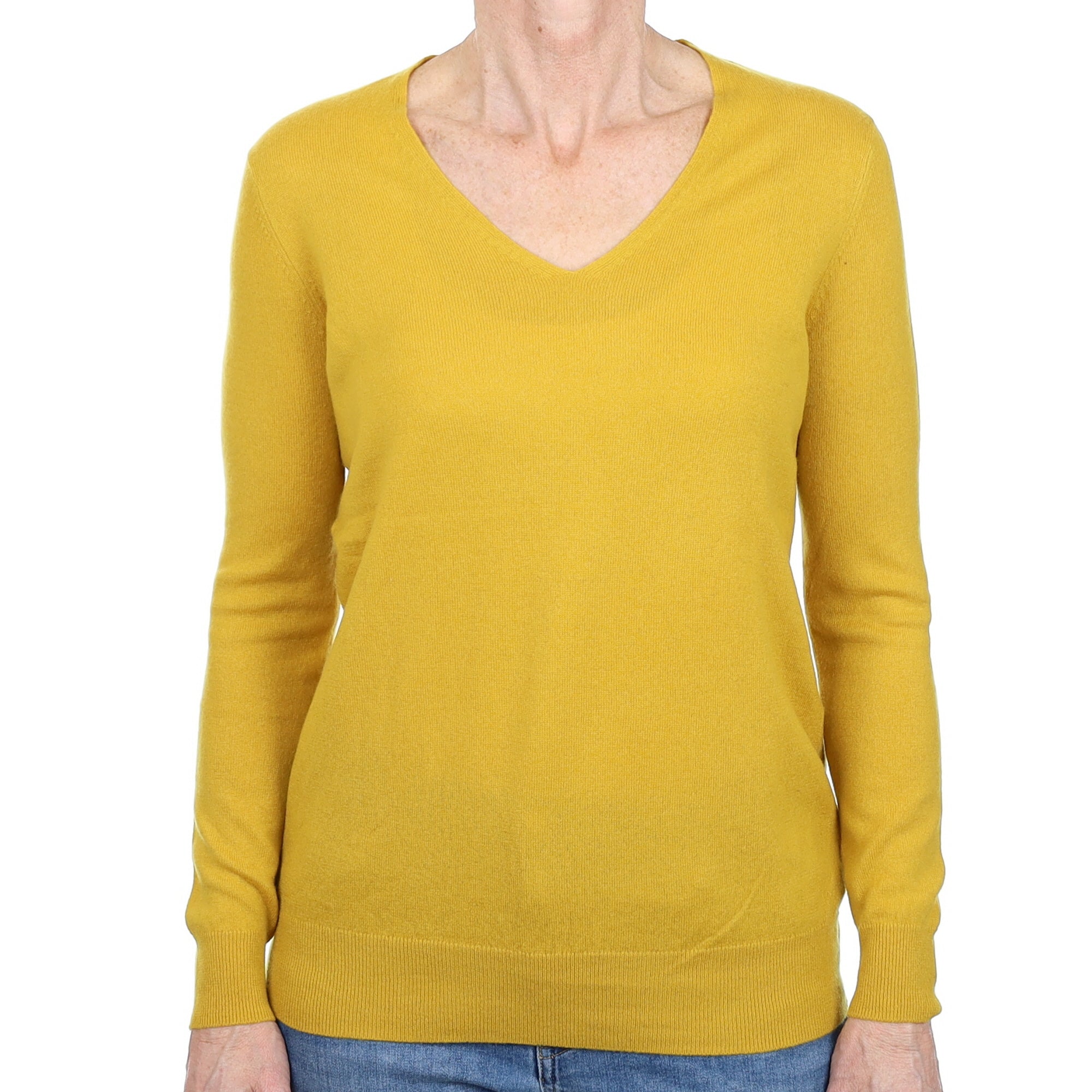 Mustard Yellow Cashmere V Neck Jumper Small