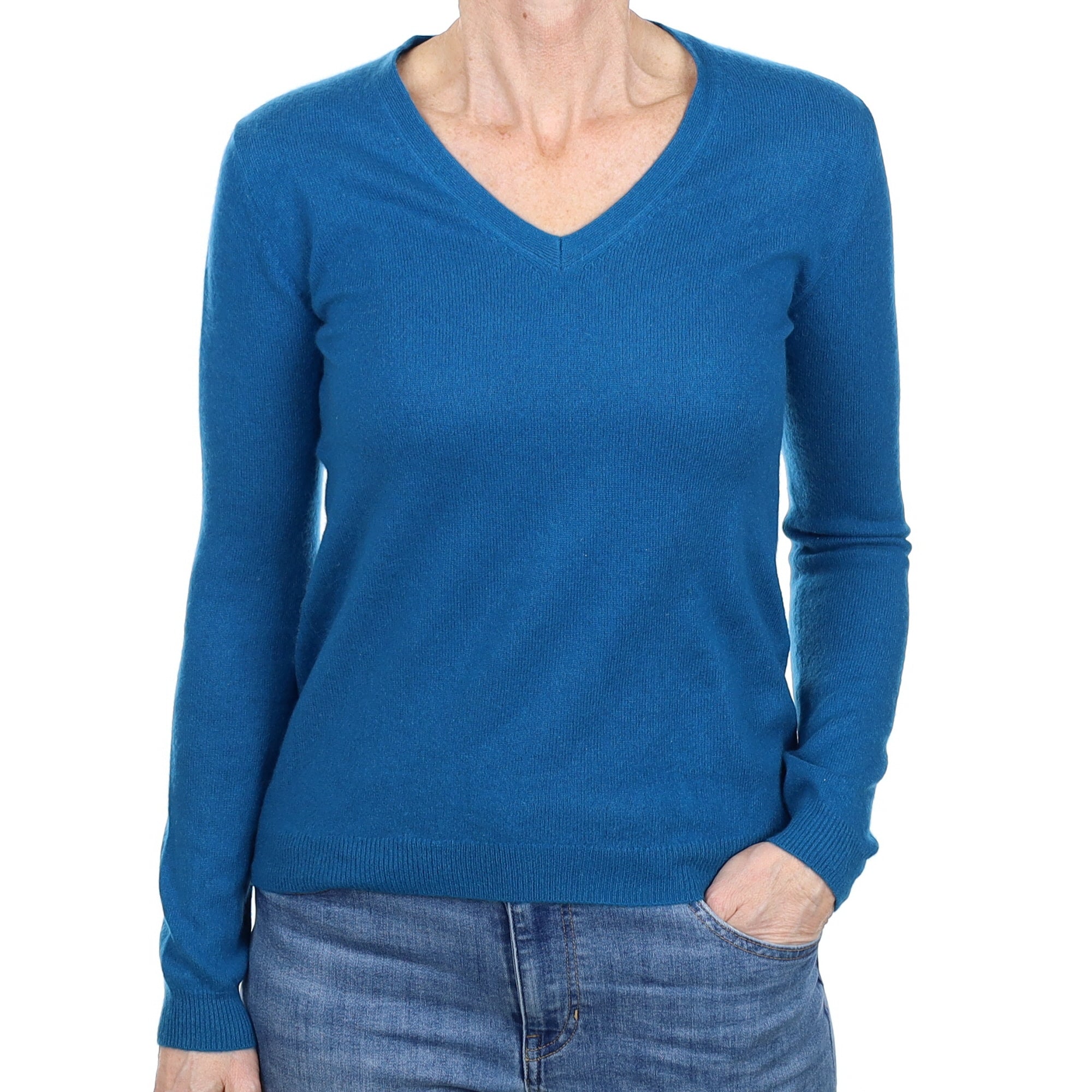 Teal Blue Cashmere V Neck Jumper Small