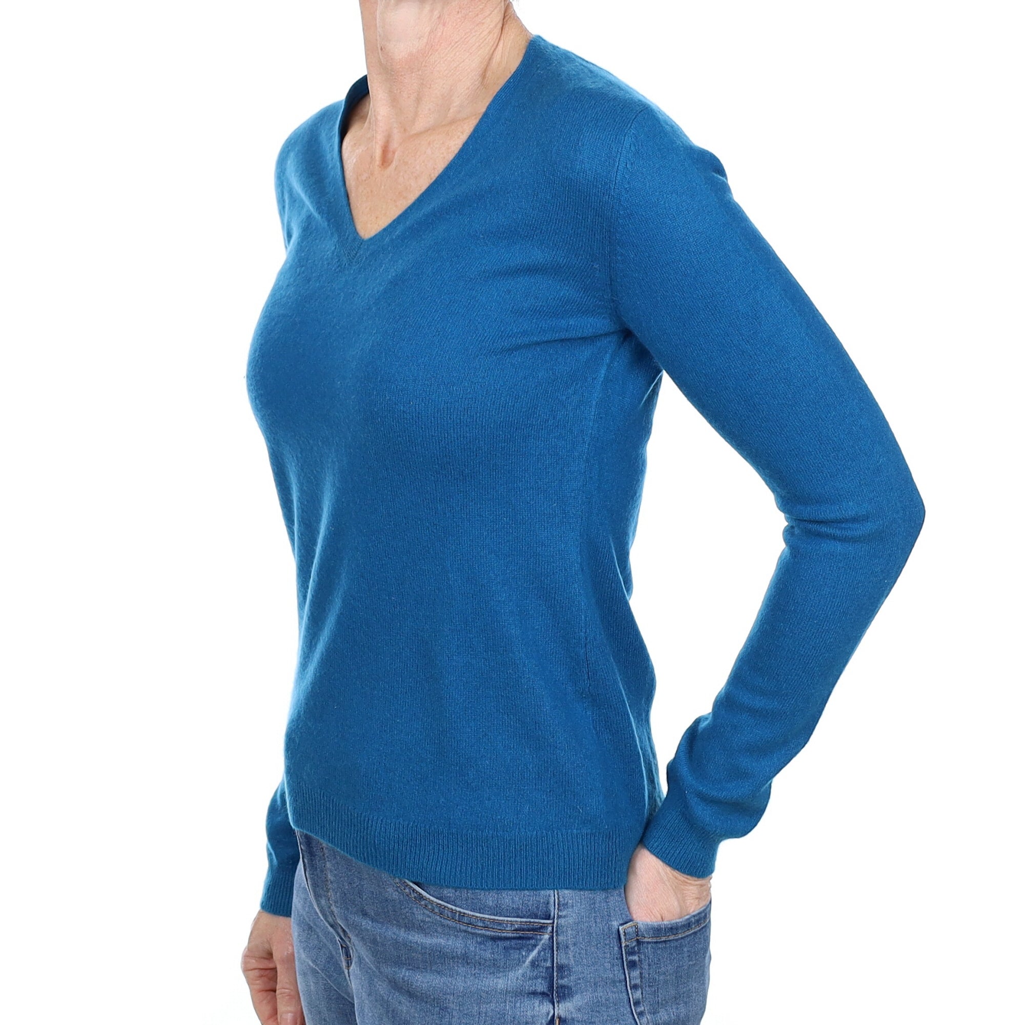Teal Blue Cashmere V Neck Jumper Small
