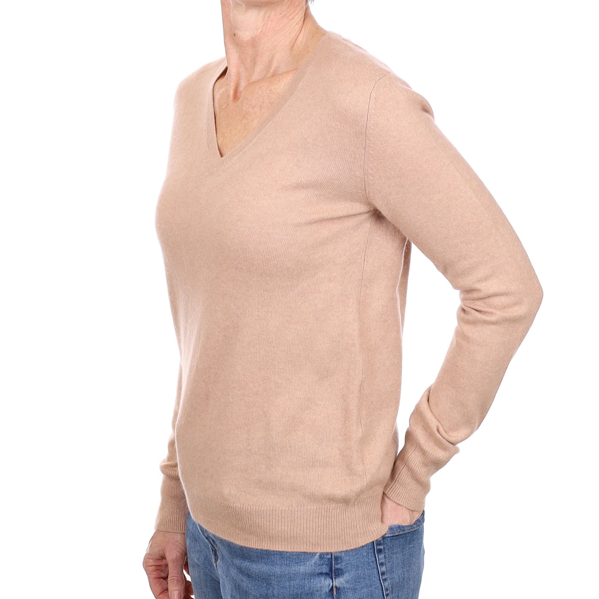 Buff Cashmere V Neck Jumper Small