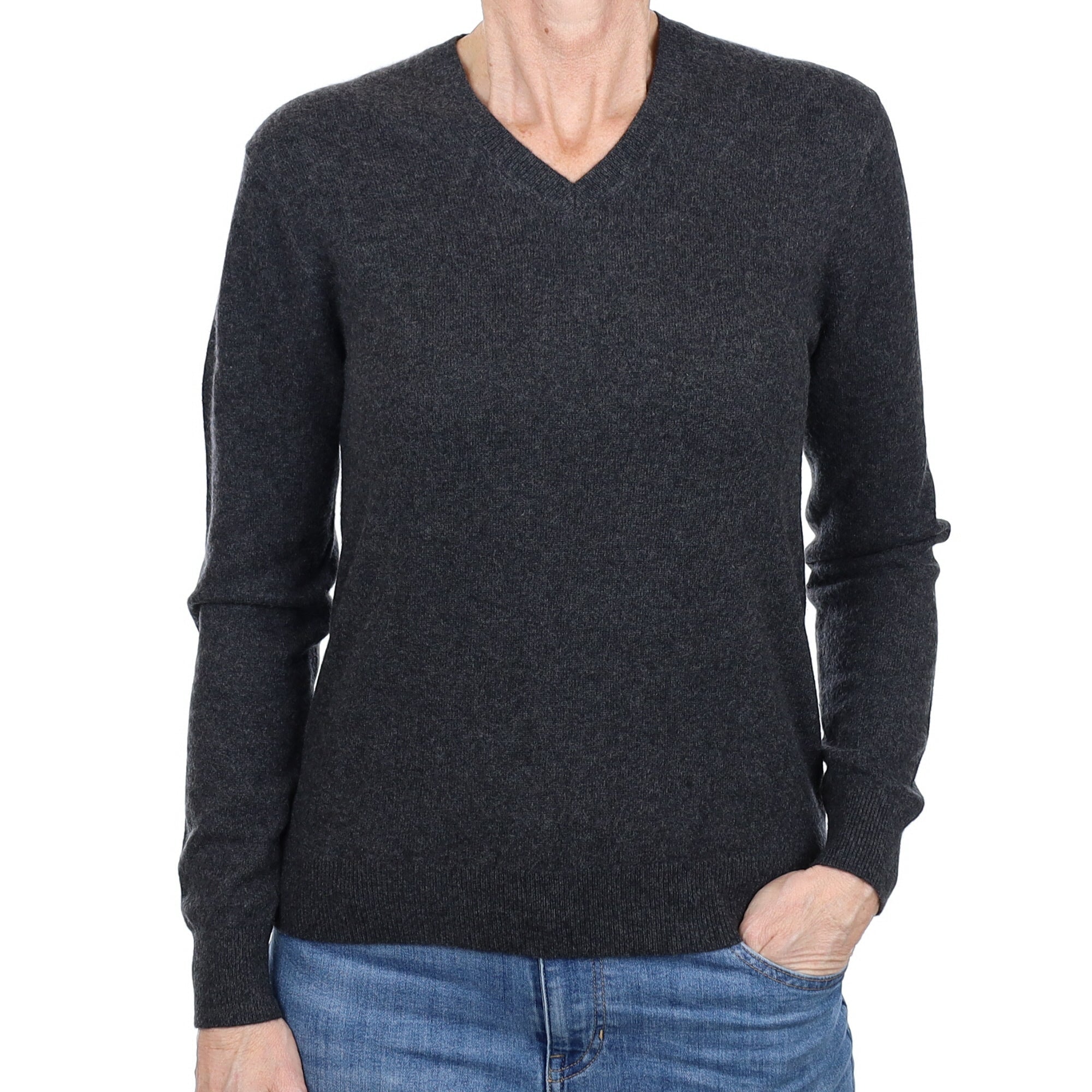 Charcoal Grey Cashmere V Neck Jumper Small