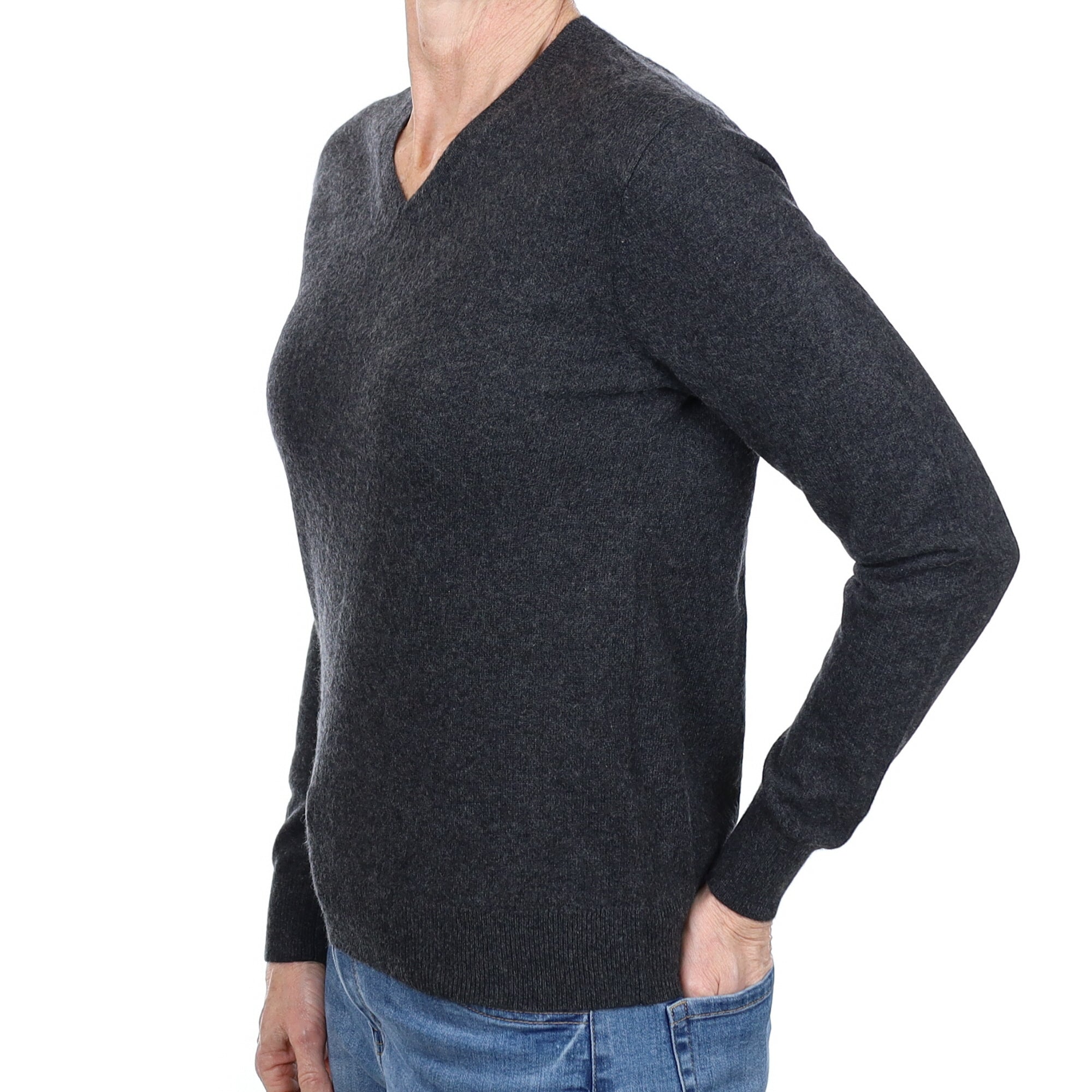 Charcoal Grey Cashmere V Neck Jumper Small