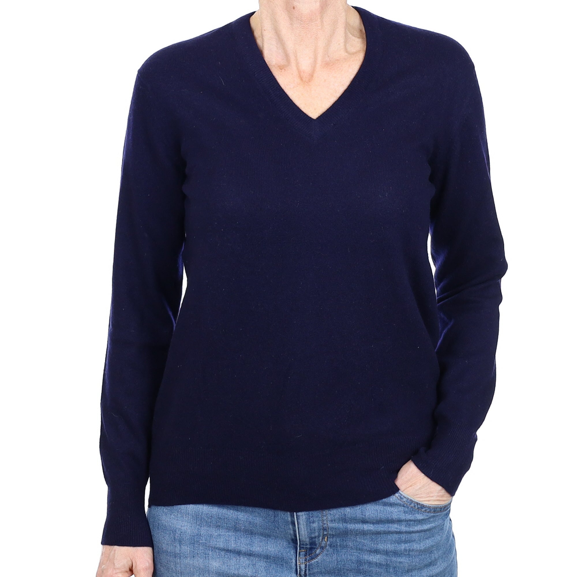 Scottish Navy Cashmere V Neck Jumper Small