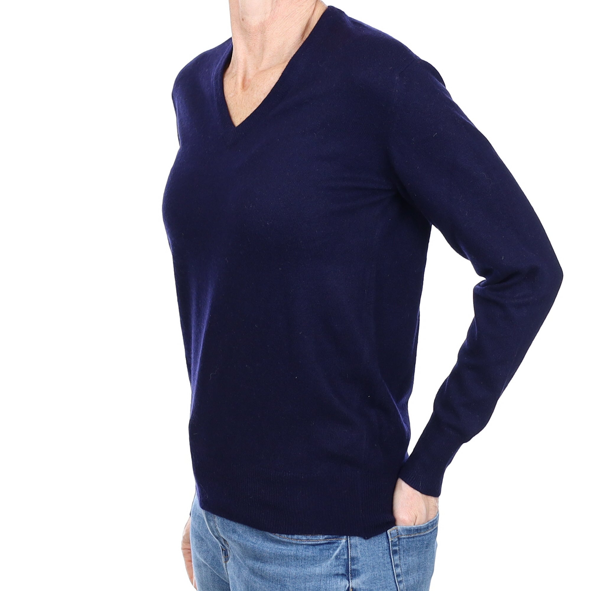 Scottish Navy Cashmere V Neck Jumper Small