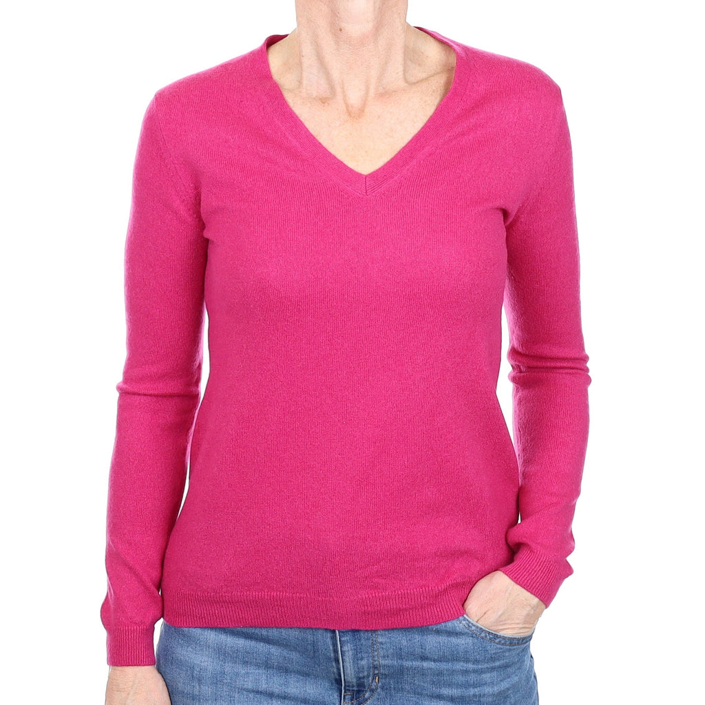 Fuchsia Pink Cashmere V Neck Jumper Small