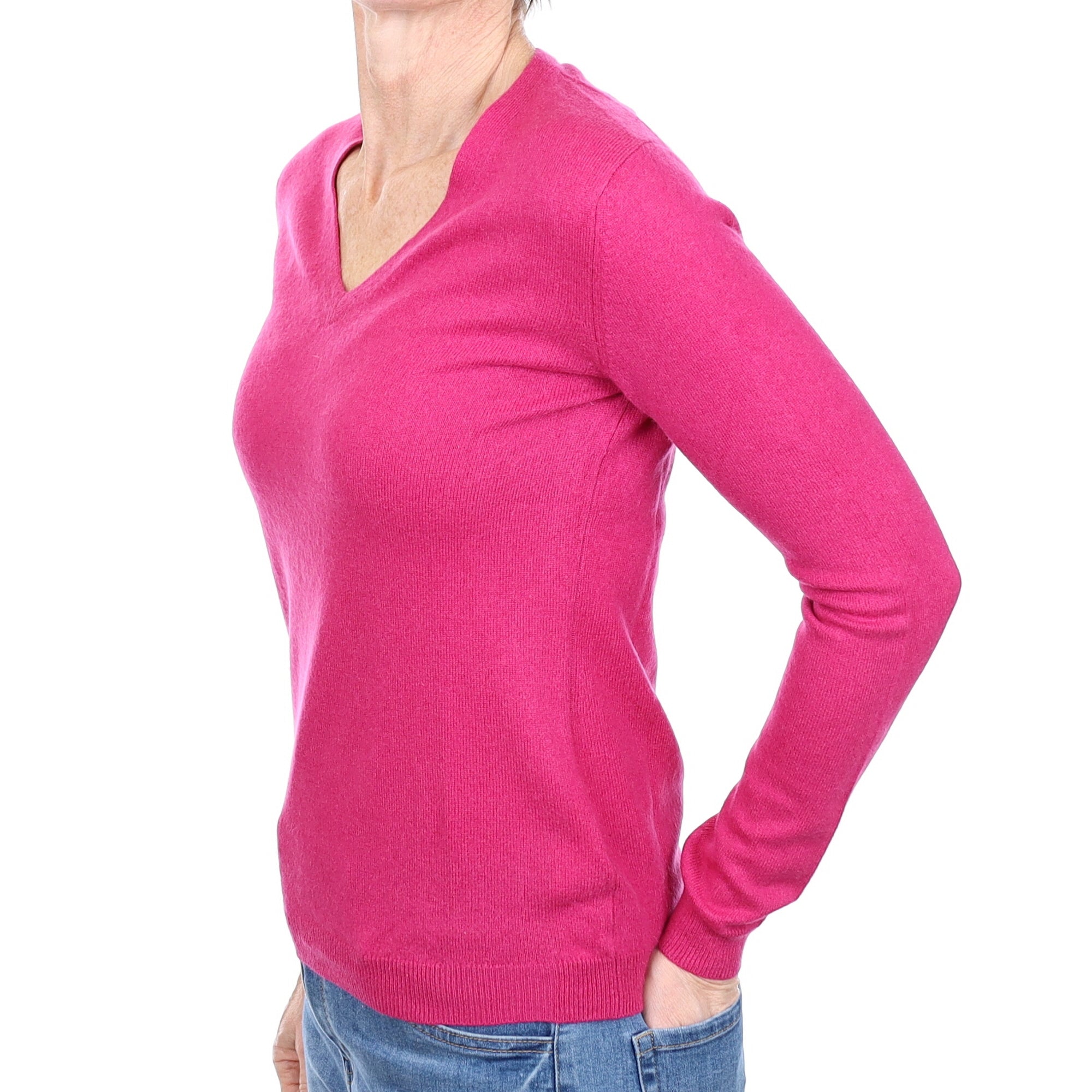 Fuchsia Pink Cashmere V Neck Jumper Small