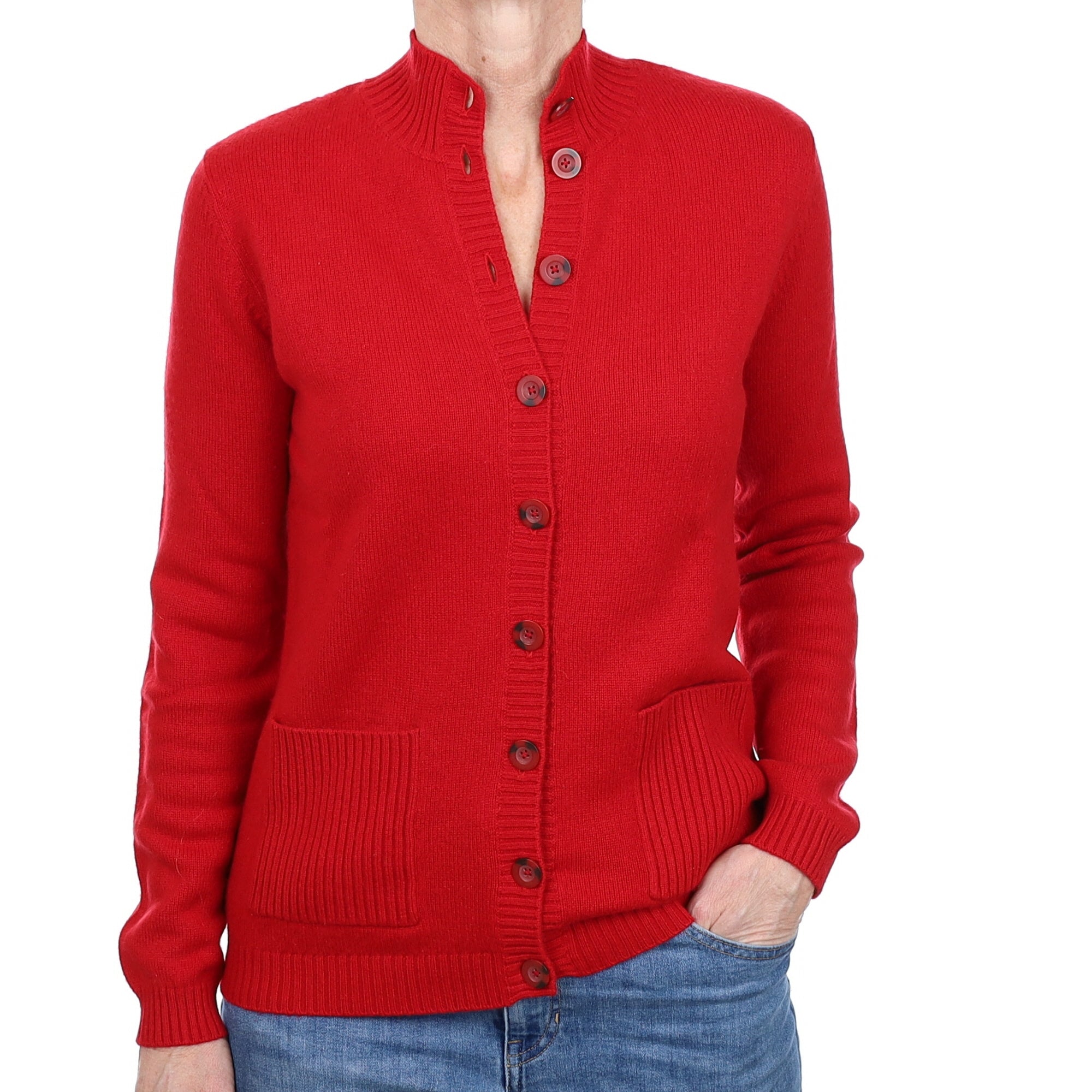 Orvis Berry Red Cashmere Turtle Neck Cardigan with Pockets Small