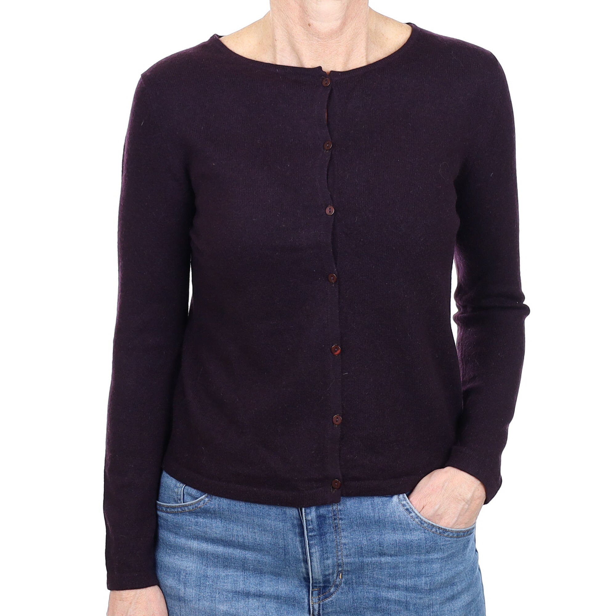 Deep Aubergine Cashmere Crew Neck Cardigan Small