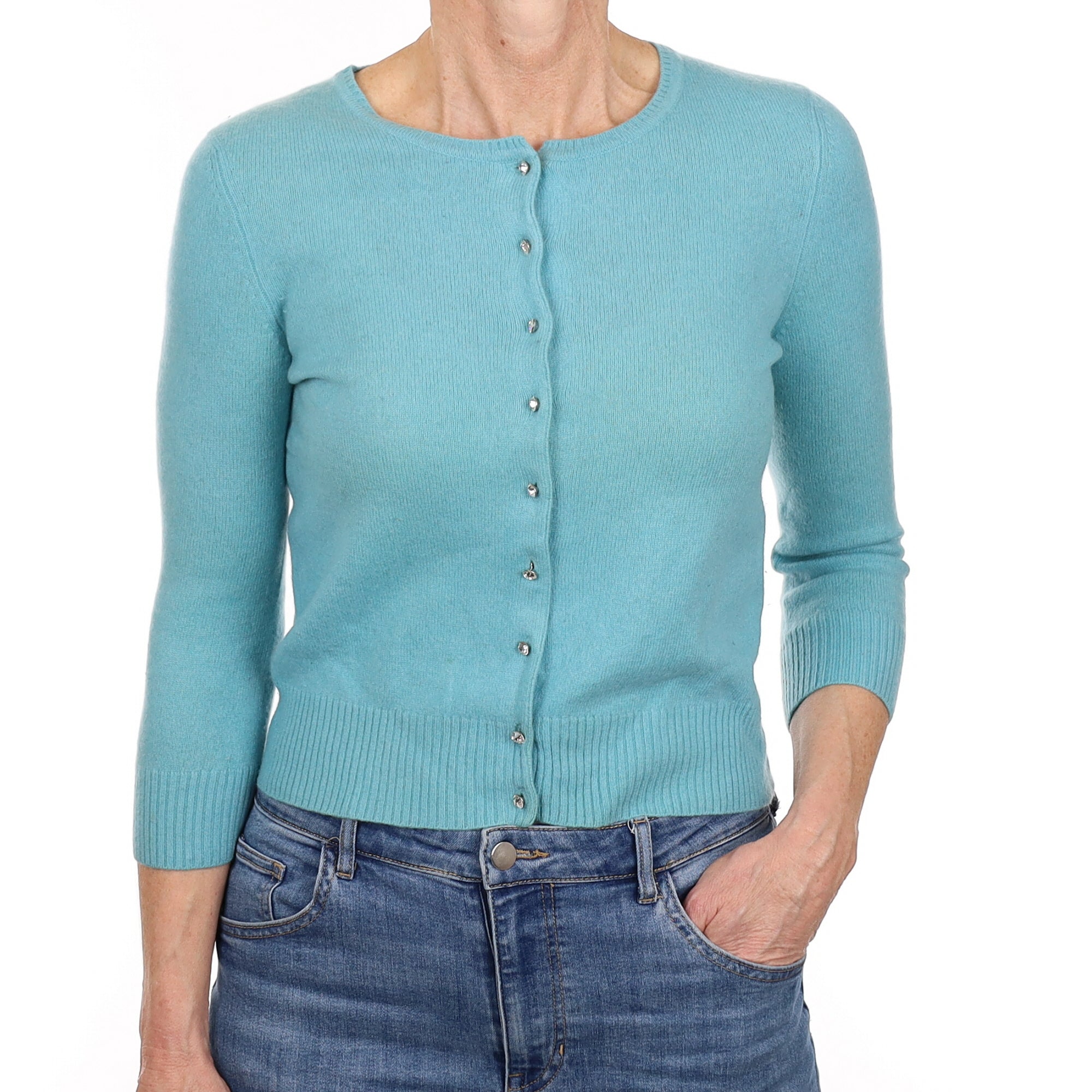 Aqua Blue Cashmere Crew Neck Cardigan Small