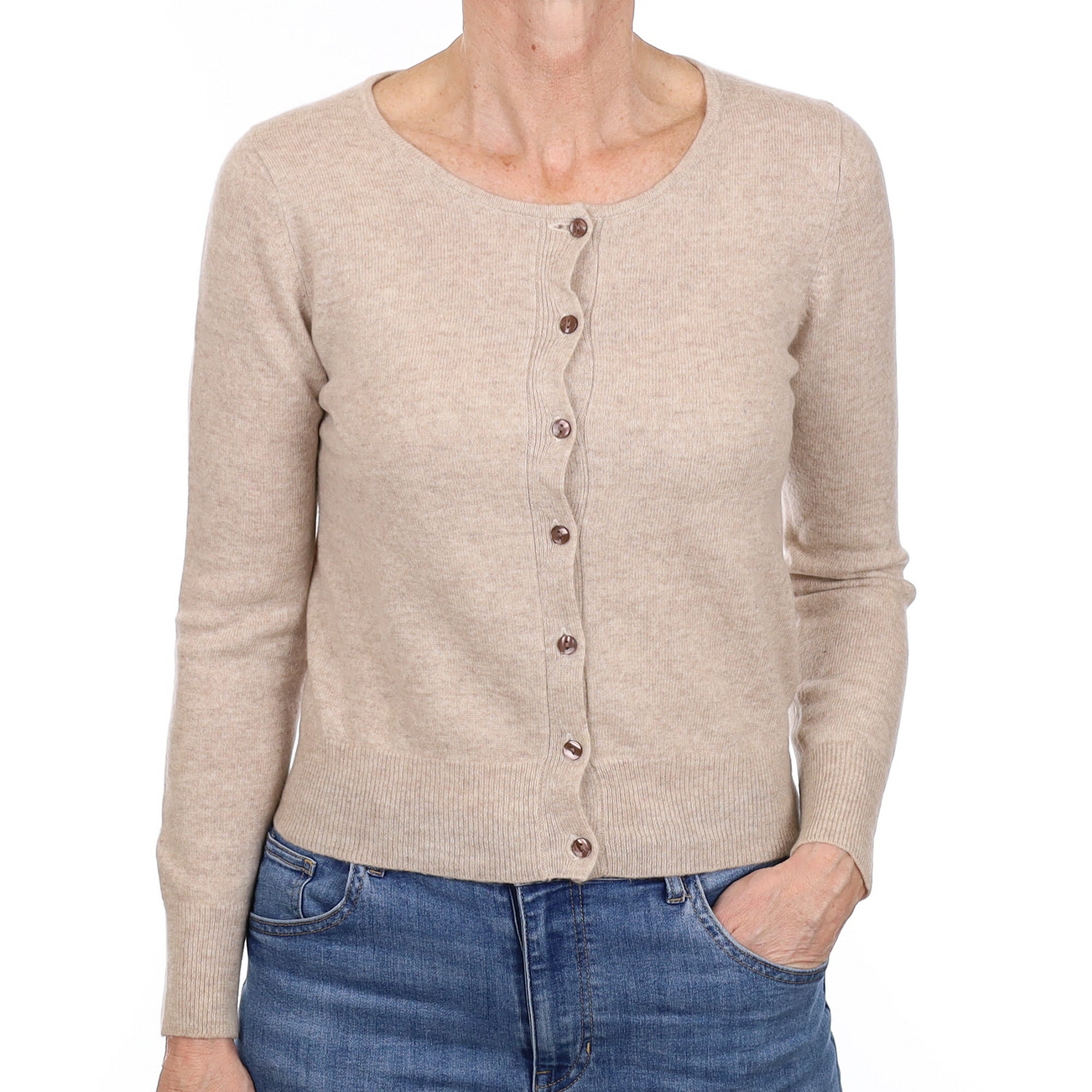 Fawn Cashmere Crew Neck Cardigan Small