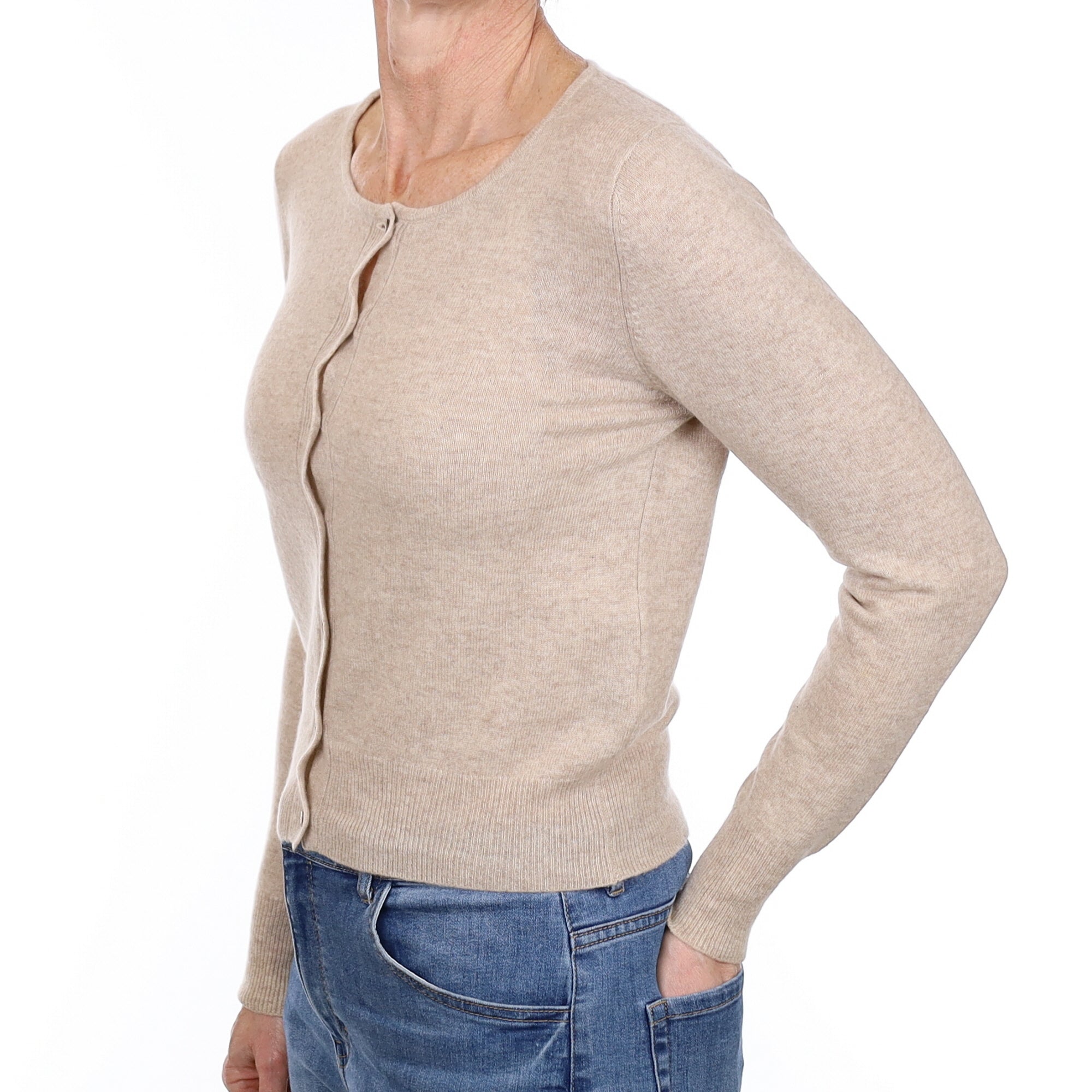 Fawn Cashmere Crew Neck Cardigan Small
