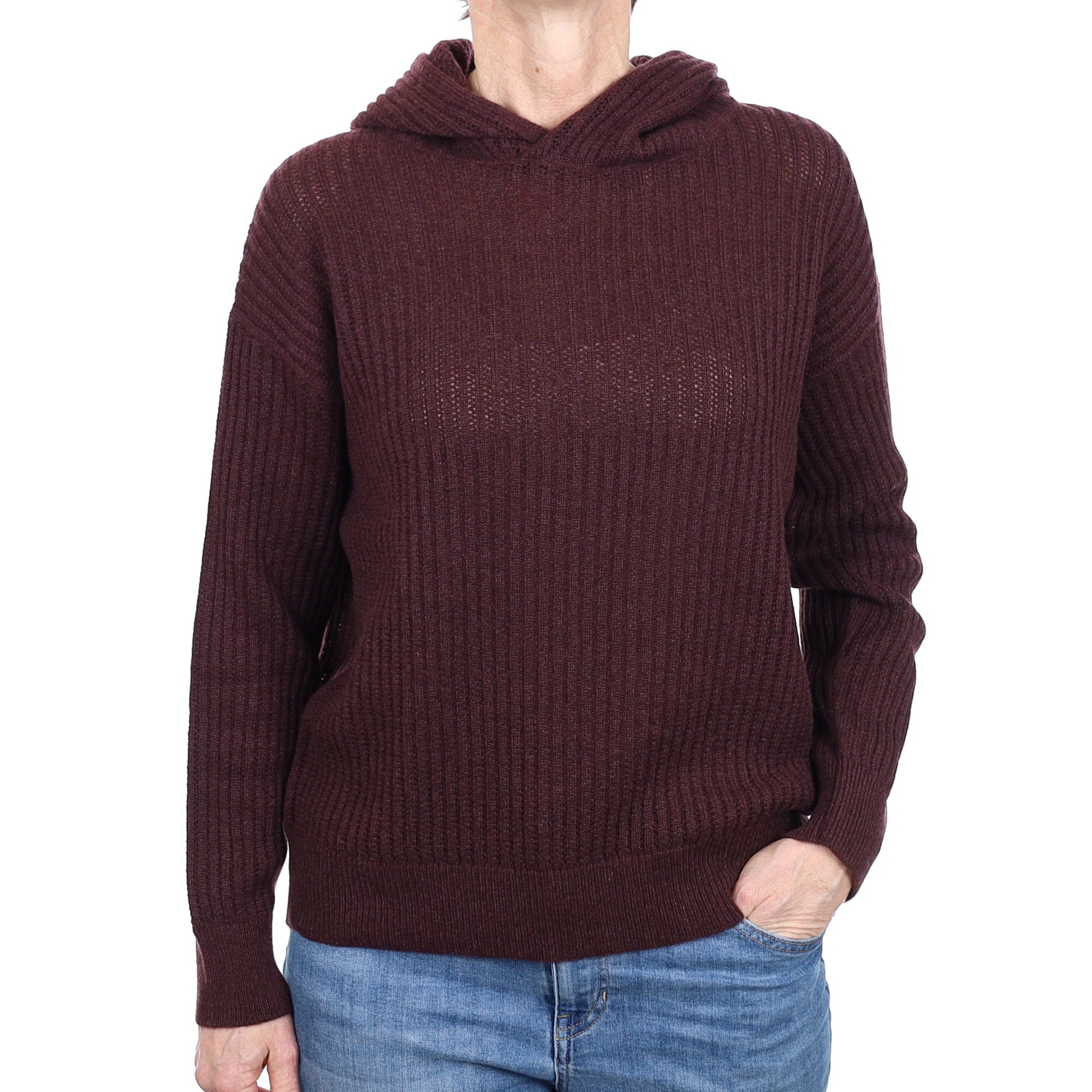 Brand New Scottish Aubergine Brown Chunky Rib Cashmere Hoodie Small