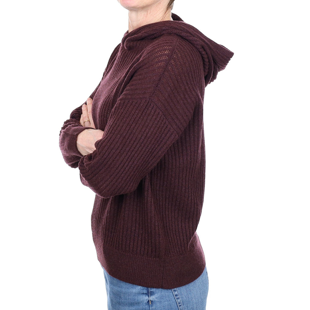 Brand New Scottish Aubergine Brown Chunky Rib Cashmere Hoodie Small