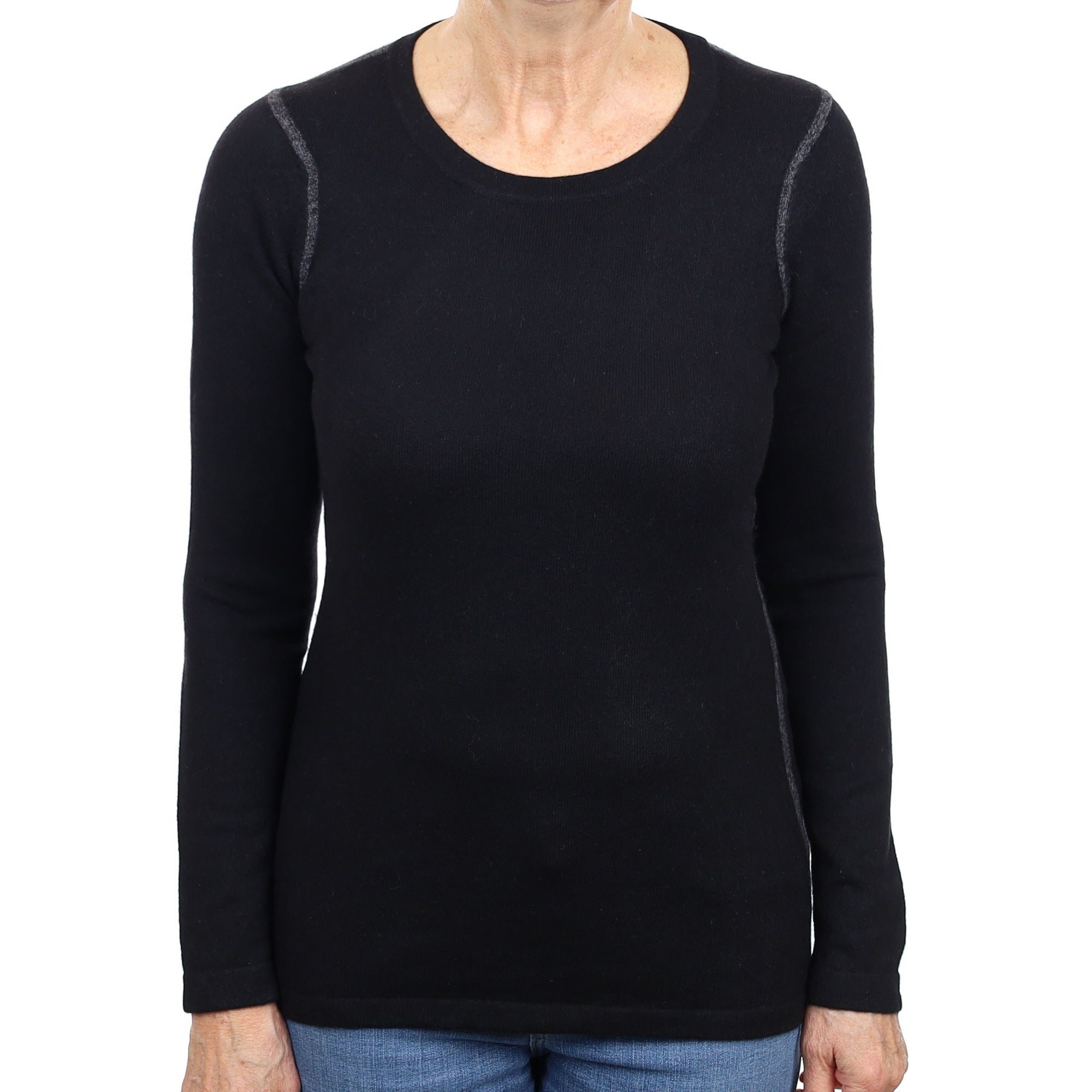 Black & Grey Trim Cashmere Crew Neck Longline Jumper Medium