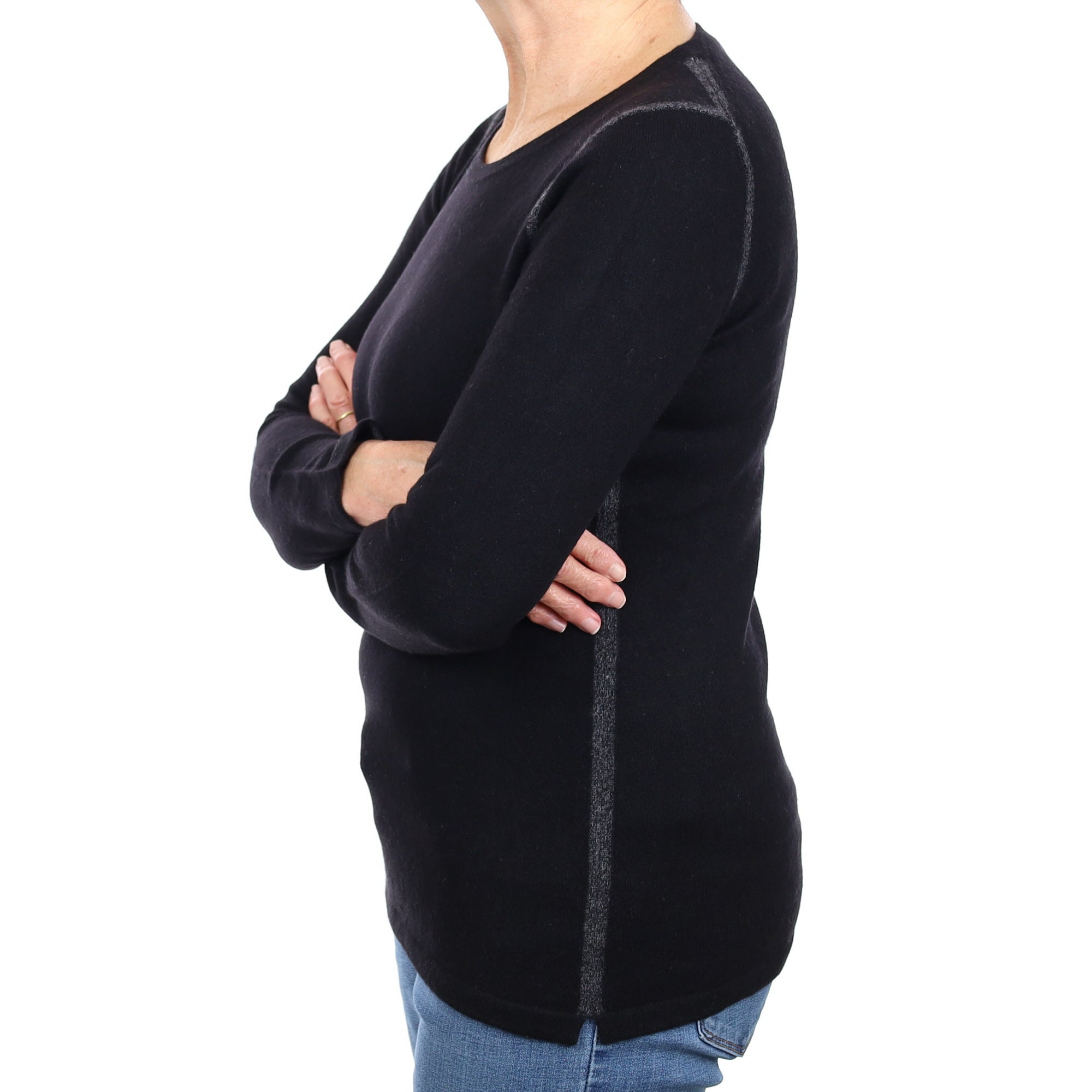 Black & Grey Trim Cashmere Crew Neck Longline Jumper Medium
