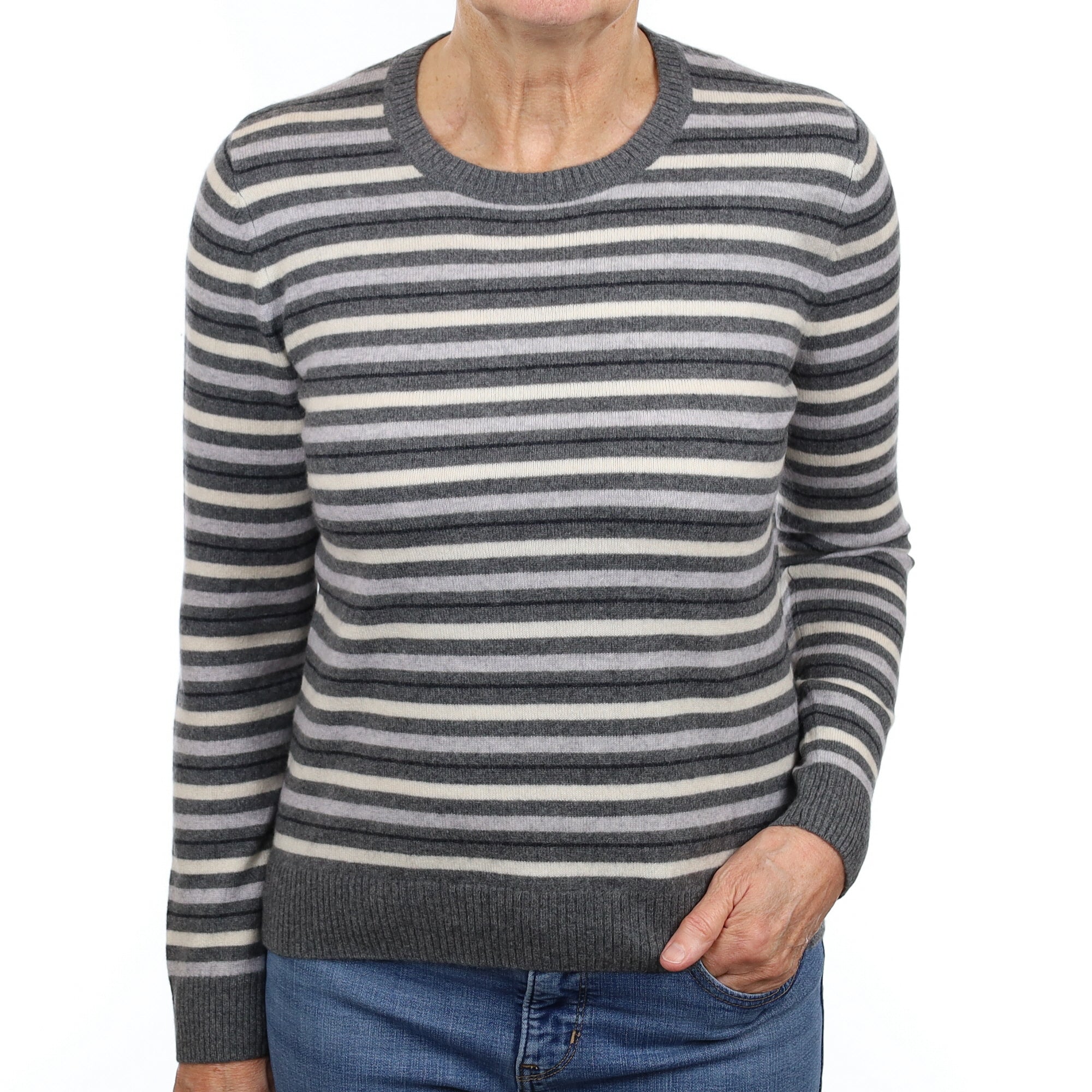 Slate Grey Striped Cashmere Crew Neck Jumper Medium