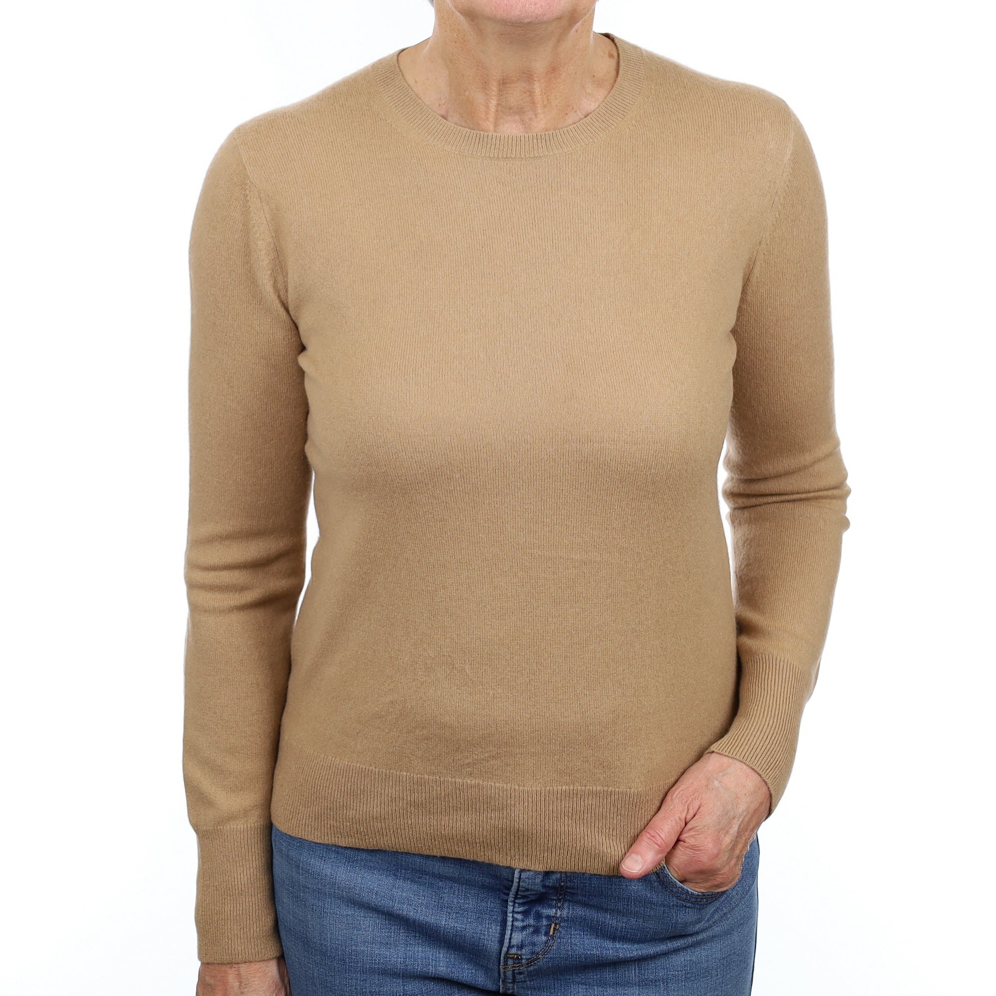 Camel Brown Cashmere Crew Neck Jumper Medium