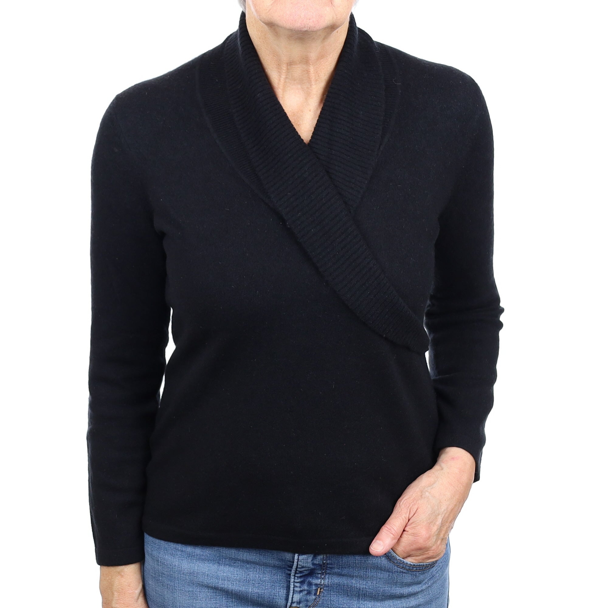 Black Cashmere Cross Over V Neck Jumper Medium