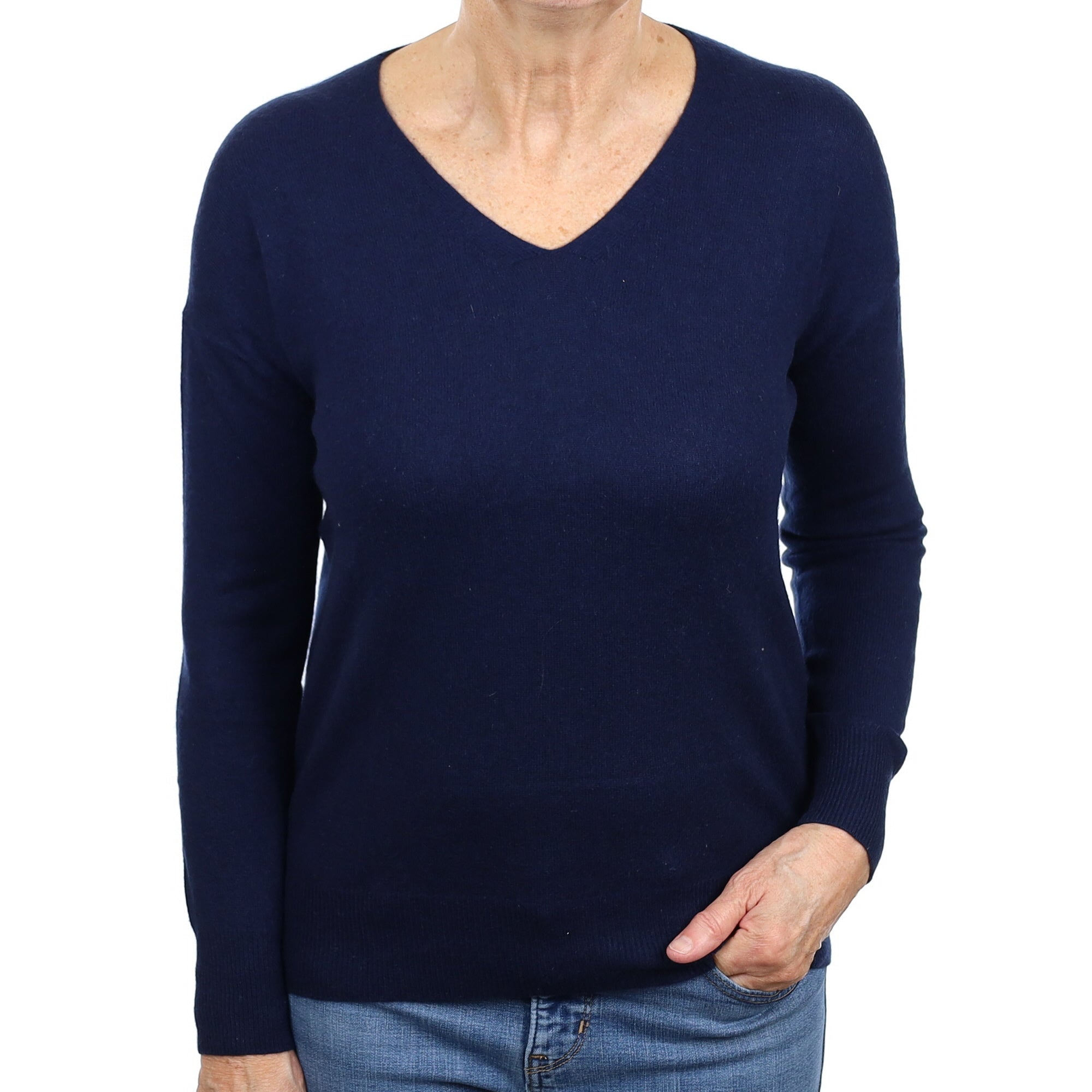 French Navy Cashmere V Neck Jumper Medium