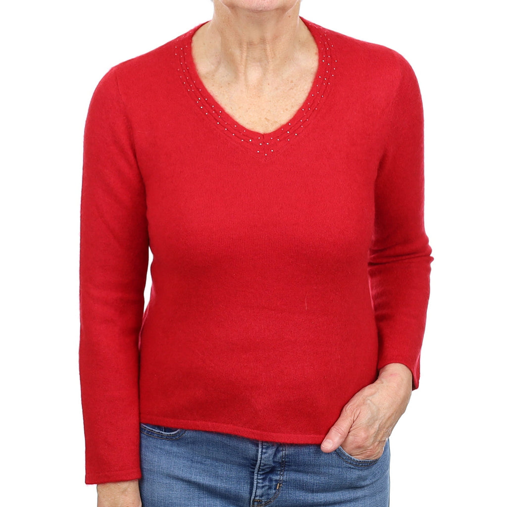 Post Box Red Embellished Cashmere V Neck Jumper Medium