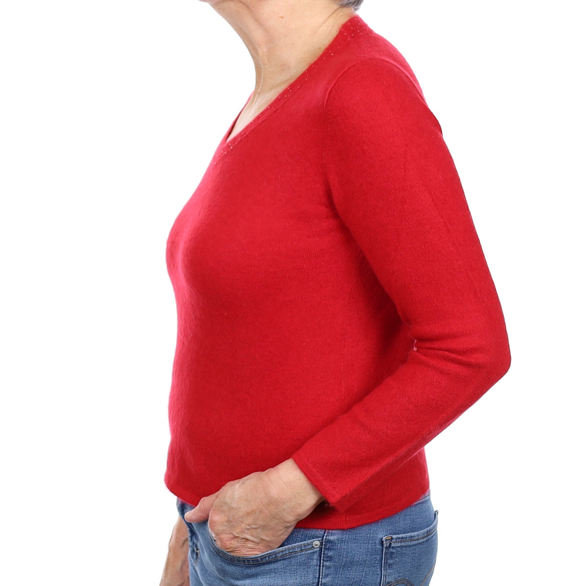 Post Box Red Embellished Cashmere V Neck Jumper Medium