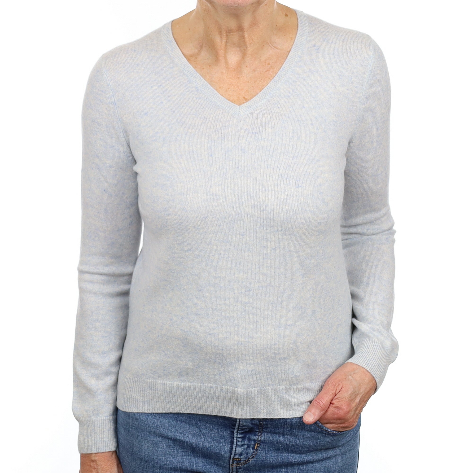 Ice Blue Marl Cashmere V Neck Jumper Medium