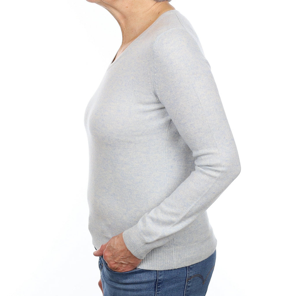 Ice Blue Marl Cashmere V Neck Jumper Medium