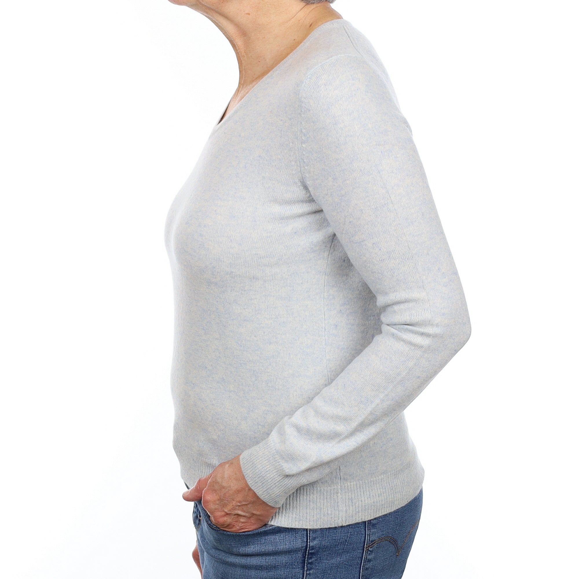 Ice Blue Marl Cashmere V Neck Jumper Medium