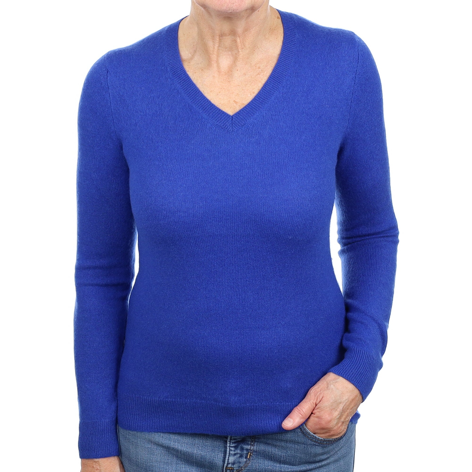 Cobalt Blue Cashmere V Neck Jumper Medium