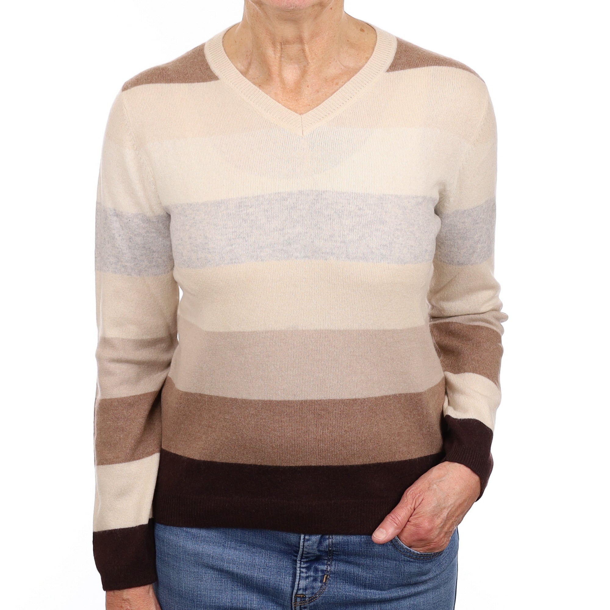 Brown Striped Cashmere V Neck Jumper Medium