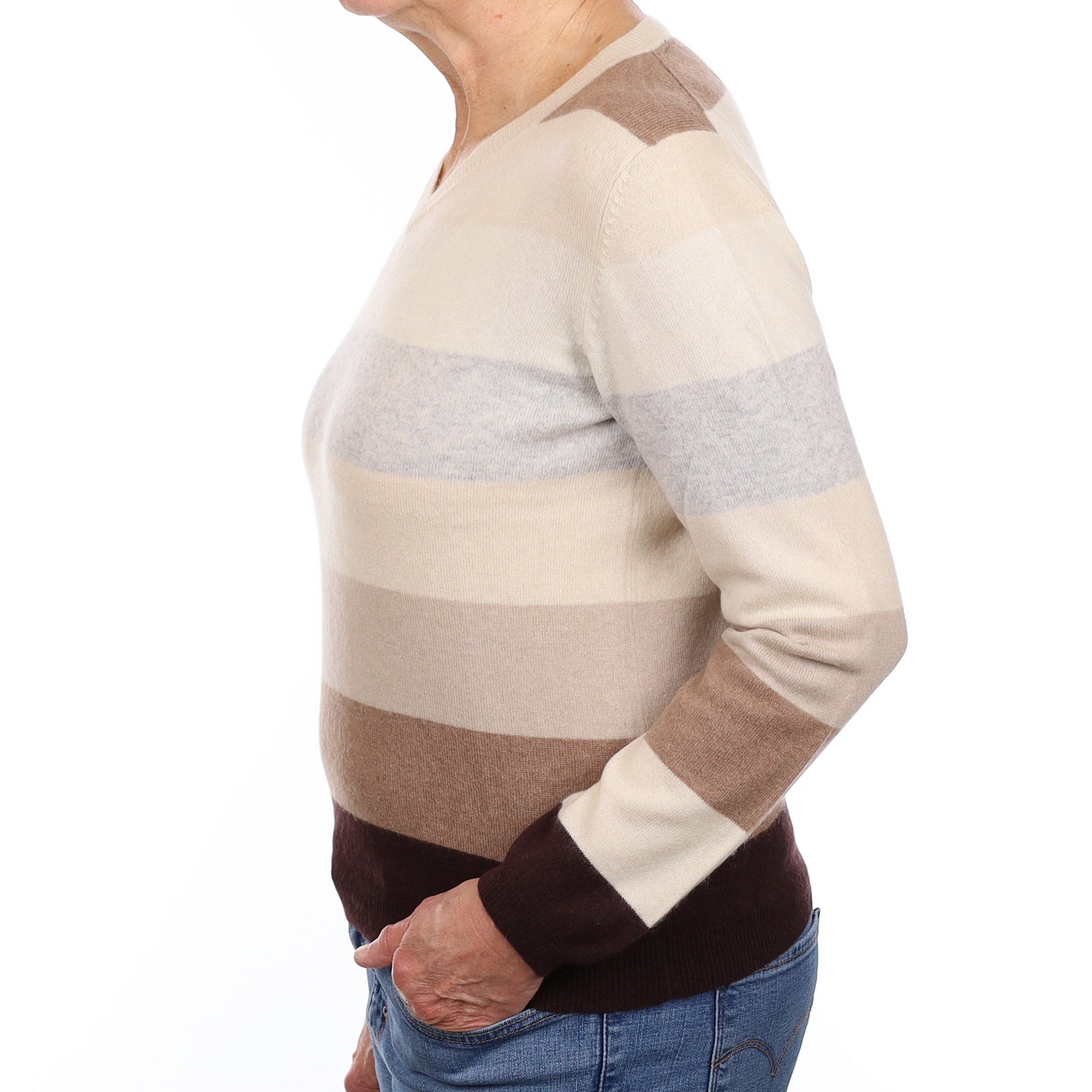 Brown Striped Cashmere V Neck Jumper Medium