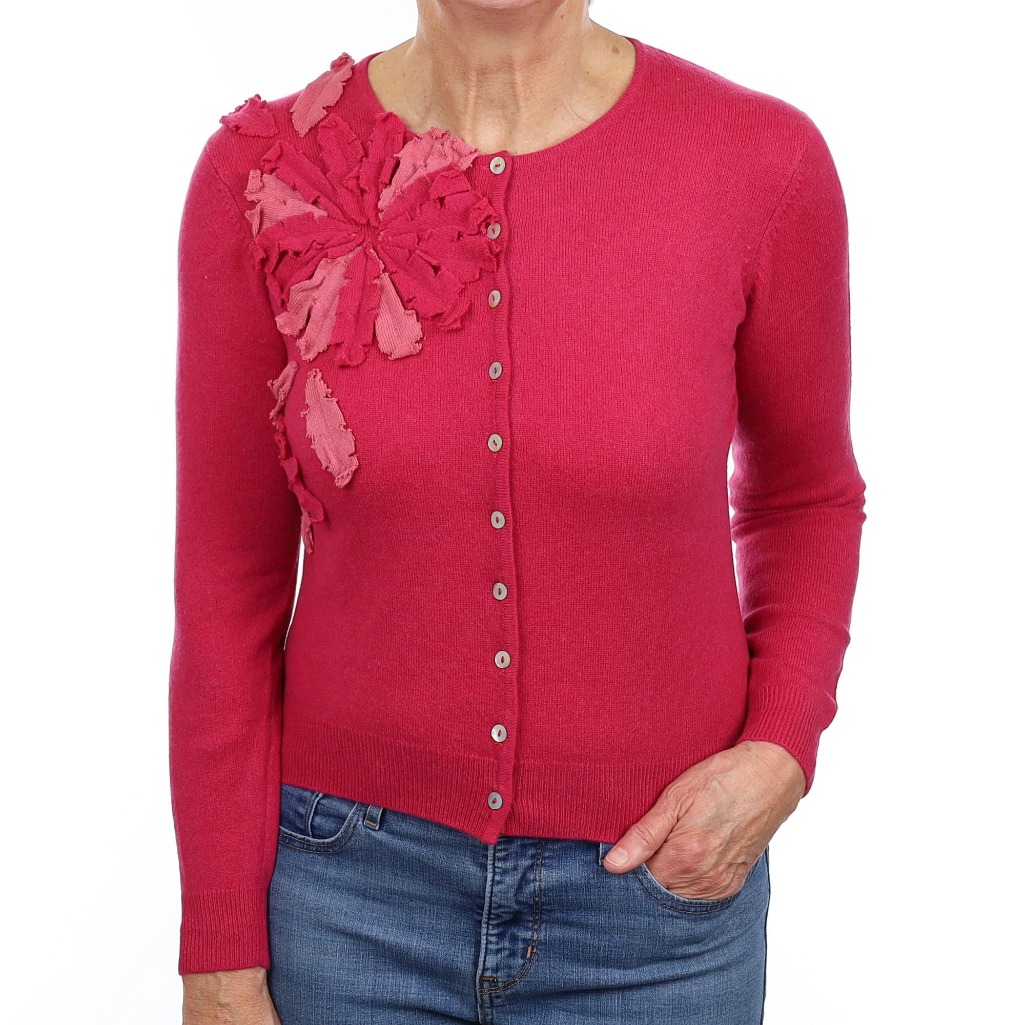 Raspberry Pink Cashmere Crew Neck Cardigan Medium