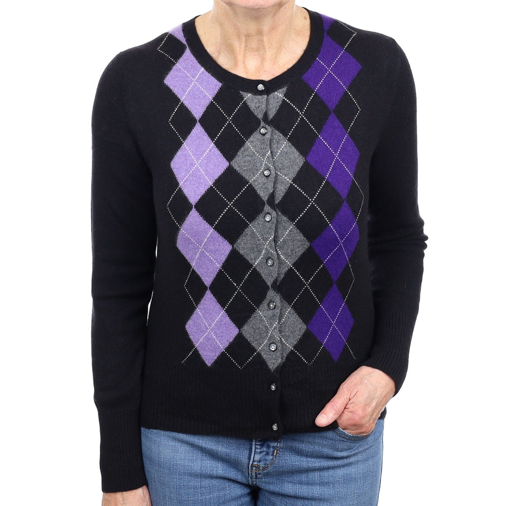 Black Argyle Cashmere Crew Neck Cardigan Medium