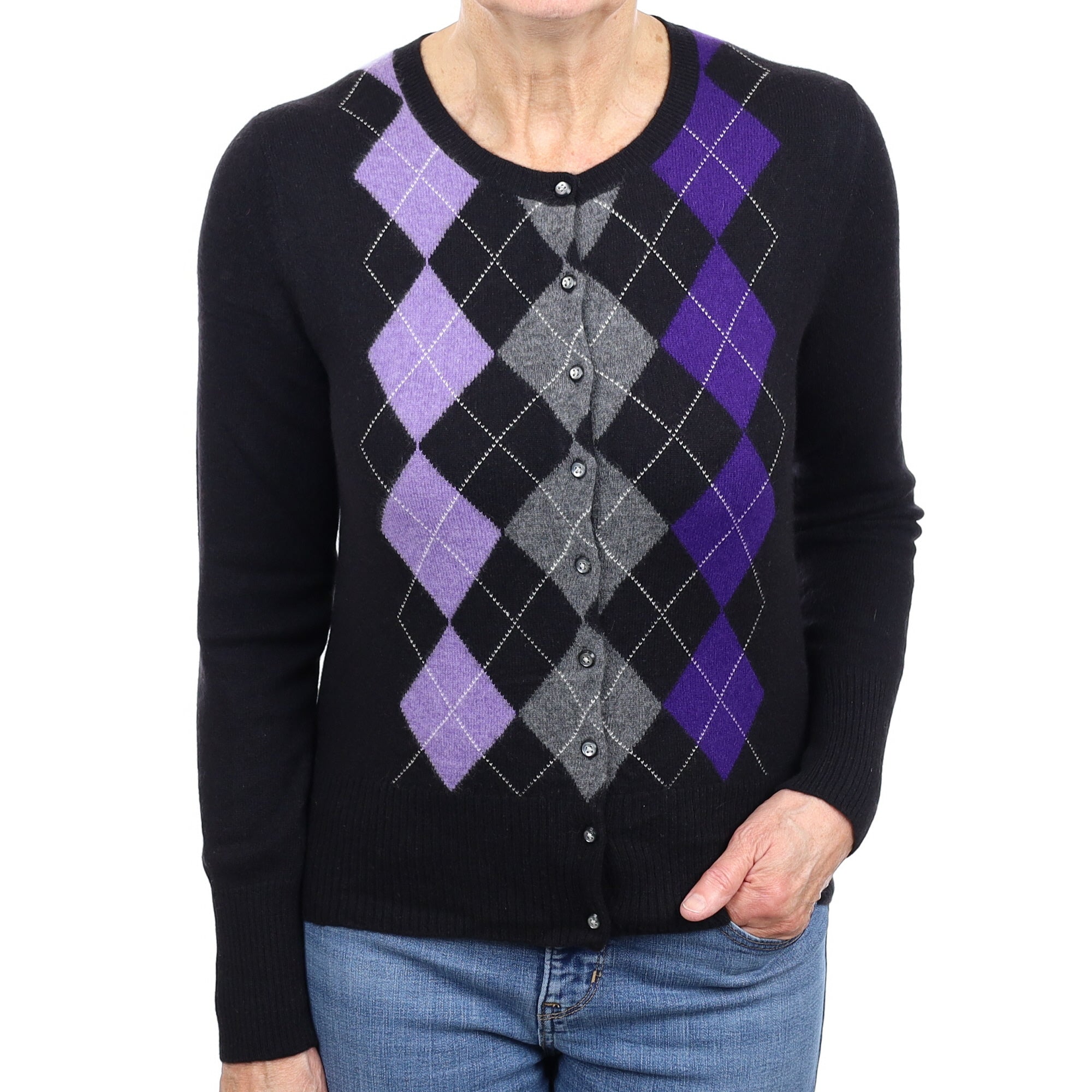 Black Argyle Cashmere Crew Neck Cardigan Medium
