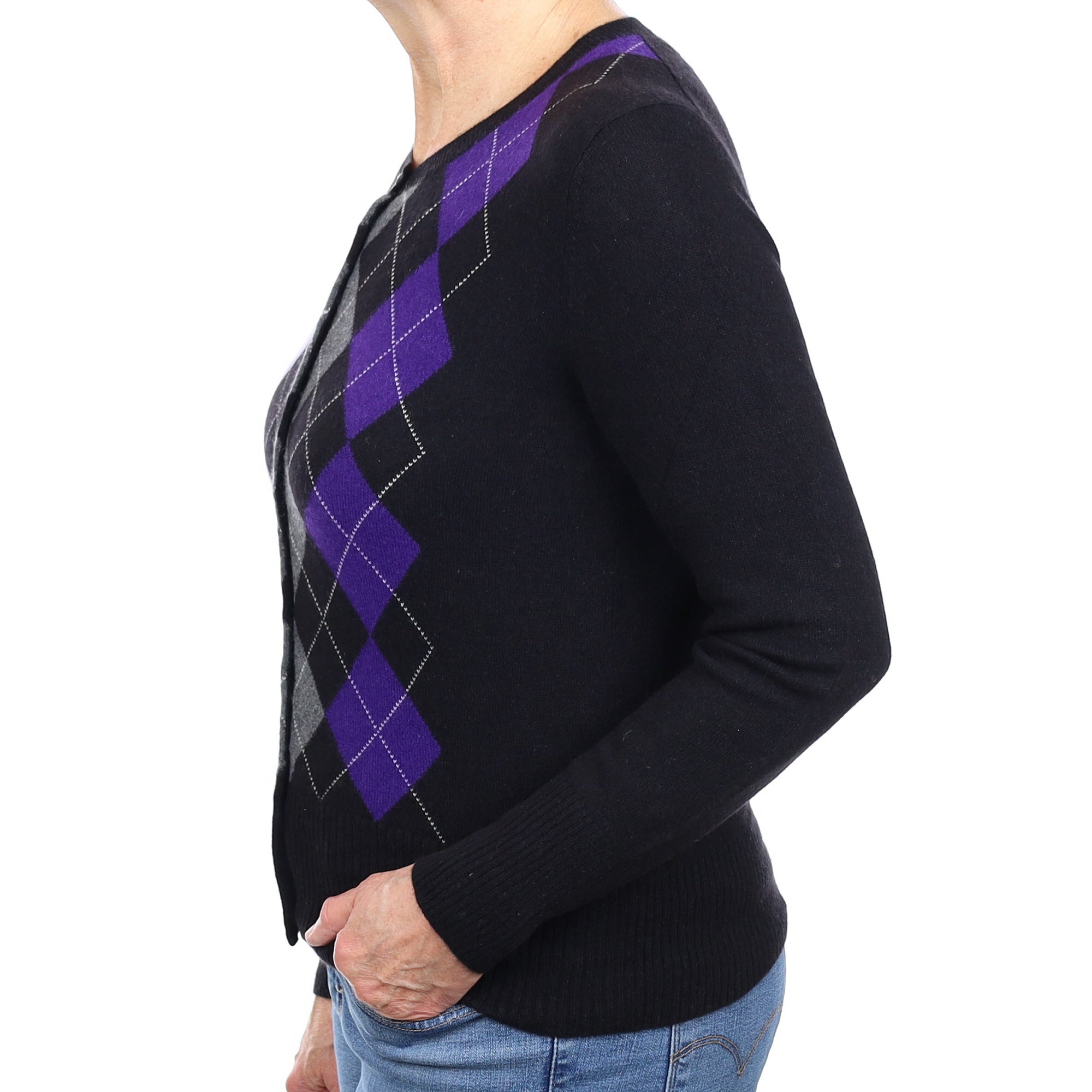 Black Argyle Cashmere Crew Neck Cardigan Medium