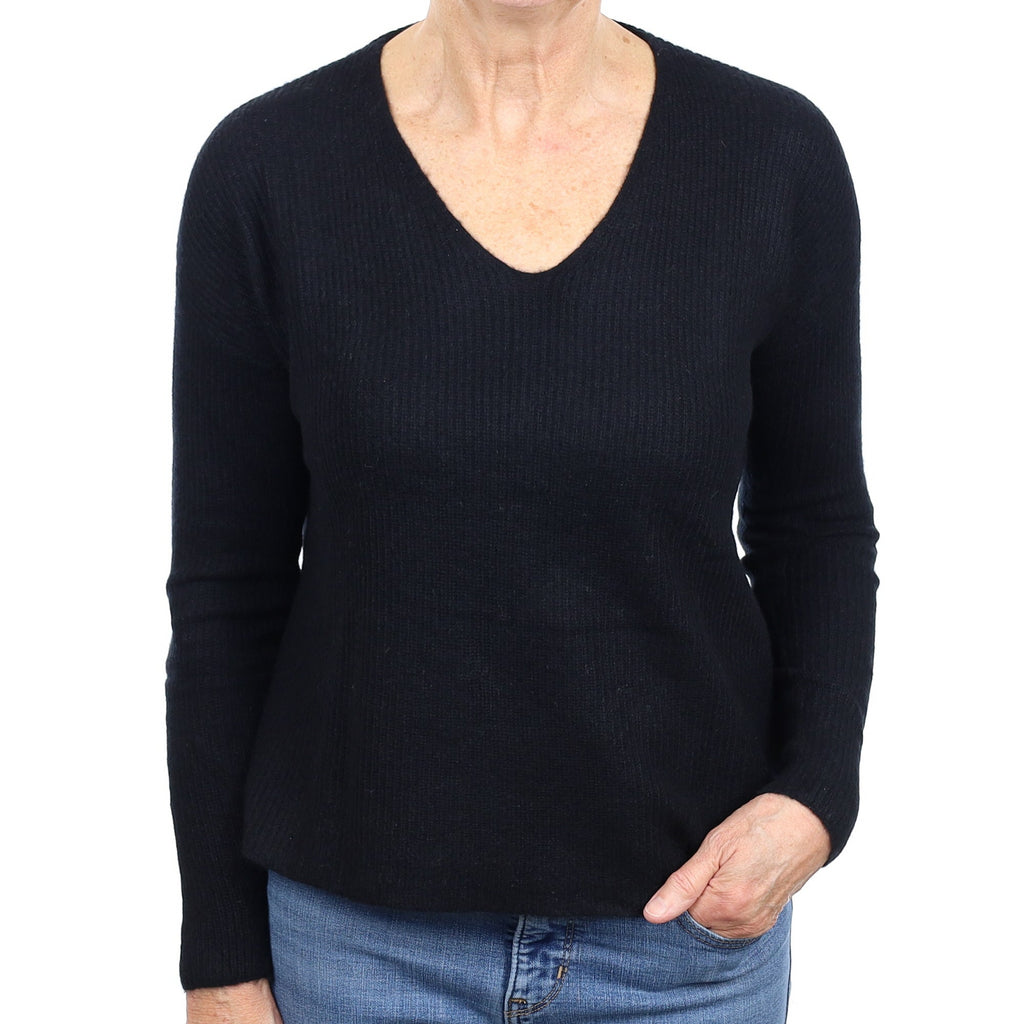 Black Ribbed Cashmere V Neck Jumper Medium