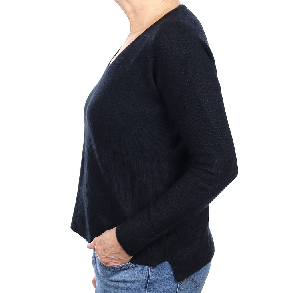 Black Ribbed Cashmere V Neck Jumper Medium