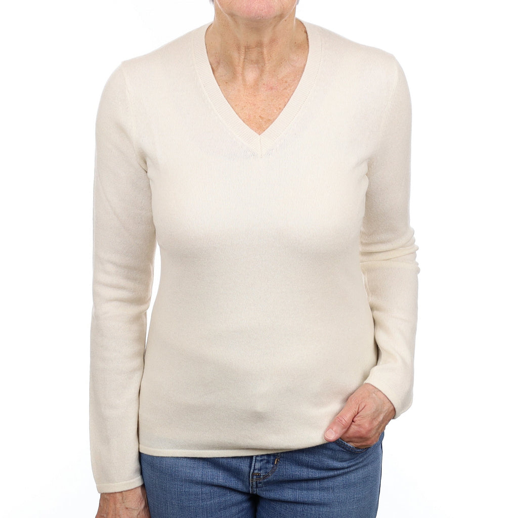 Vanilla Cream Cashmere V Neck Jumper Medium