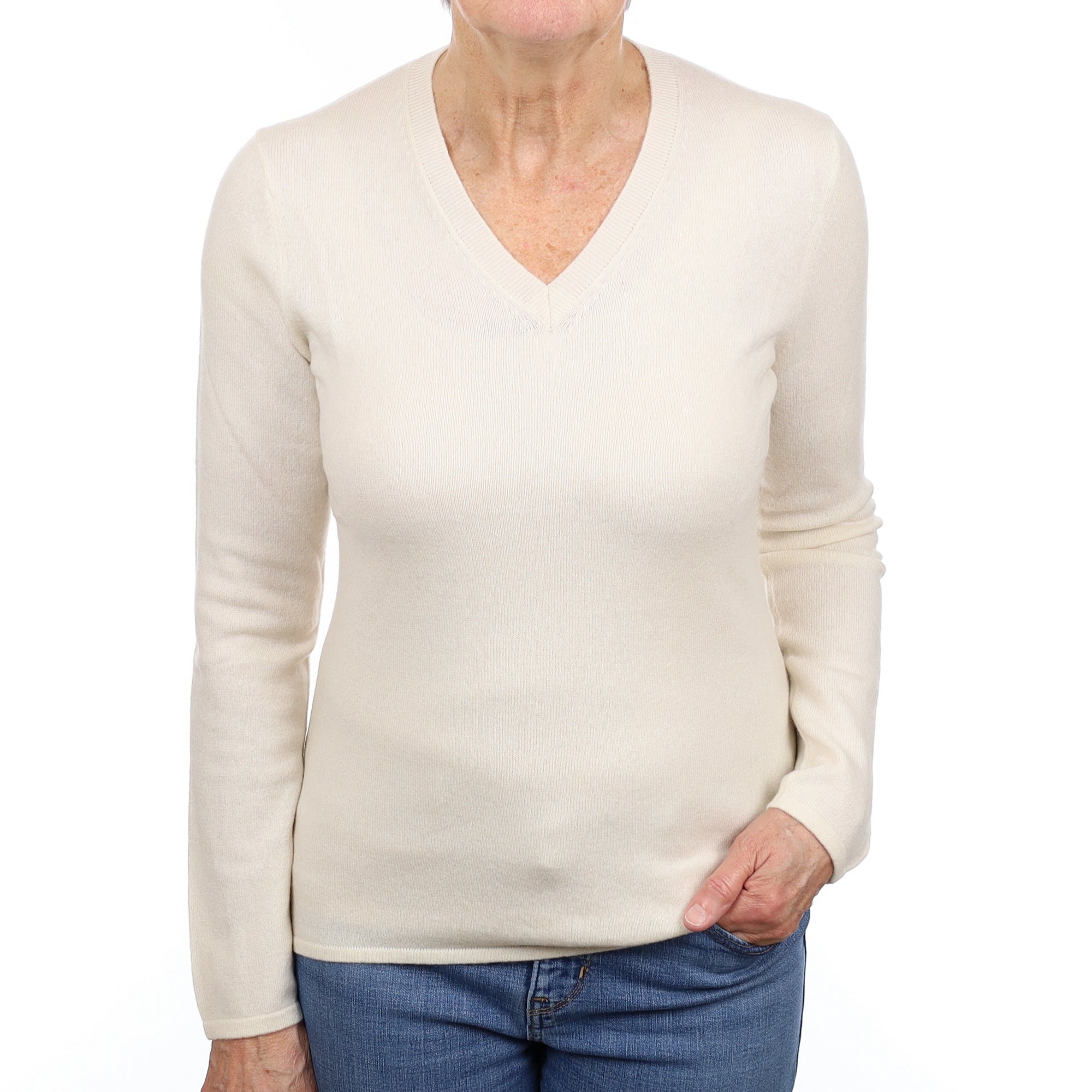 Vanilla Cream Cashmere V Neck Jumper Medium