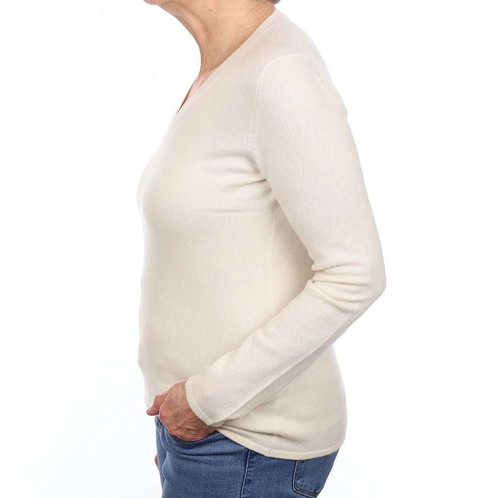 Vanilla Cream Cashmere V Neck Jumper Medium