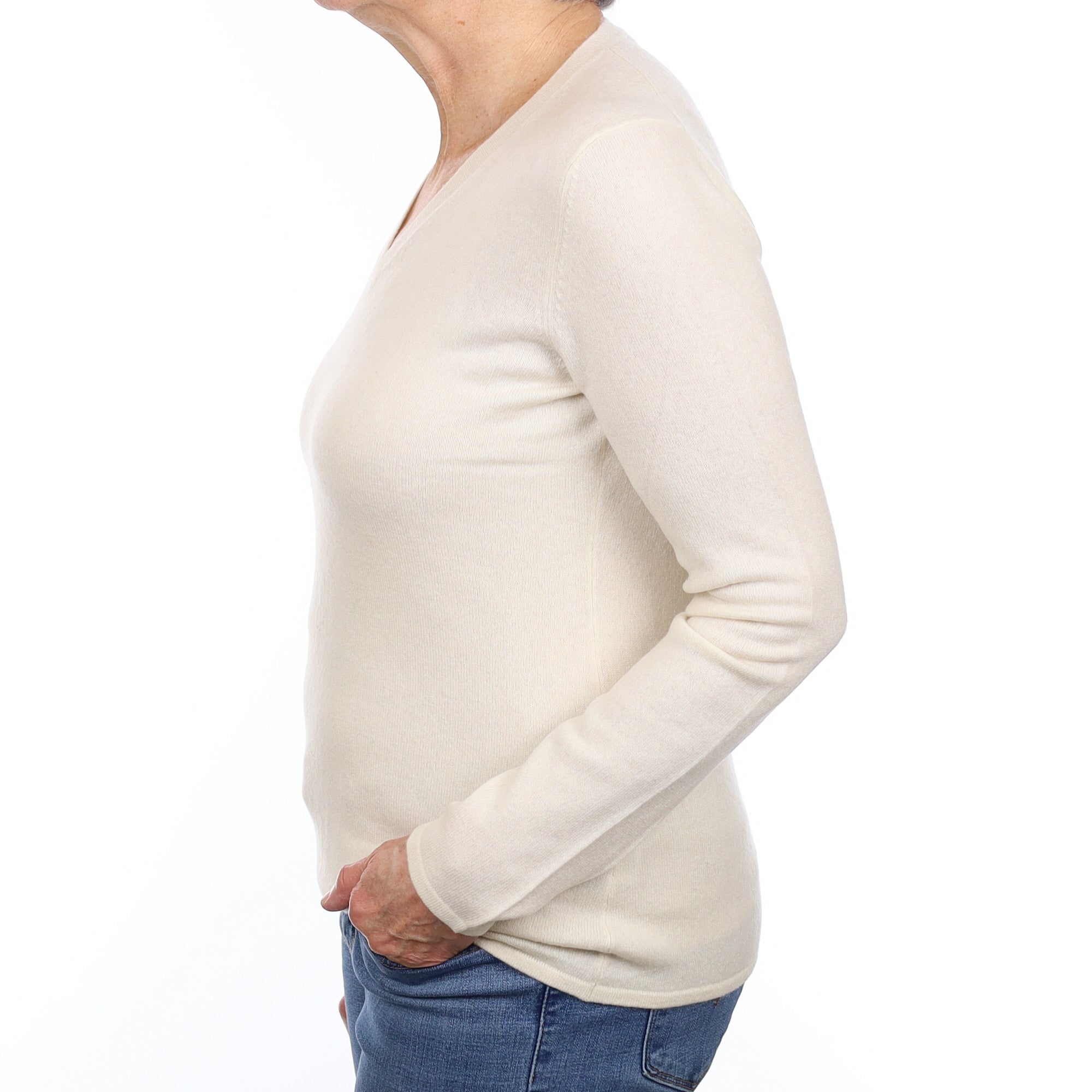 Vanilla Cream Cashmere V Neck Jumper Medium