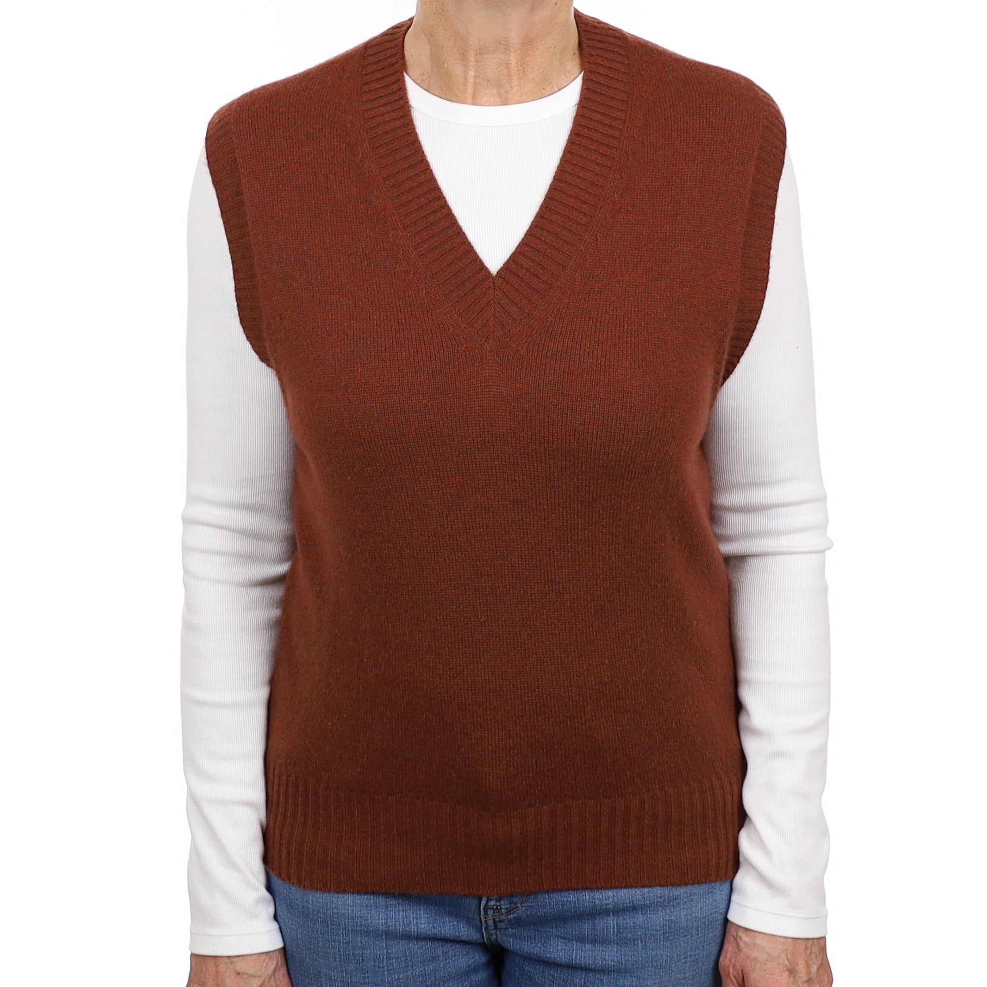 Brand New Scottish Chestnut Brown Cashmere V Neck Tank Top Medium