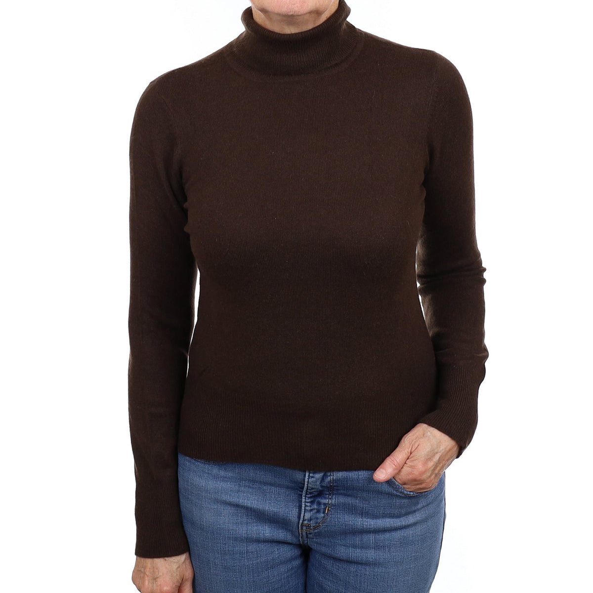 Chocolate Brown Cashmere Polo Neck Jumper Medium
