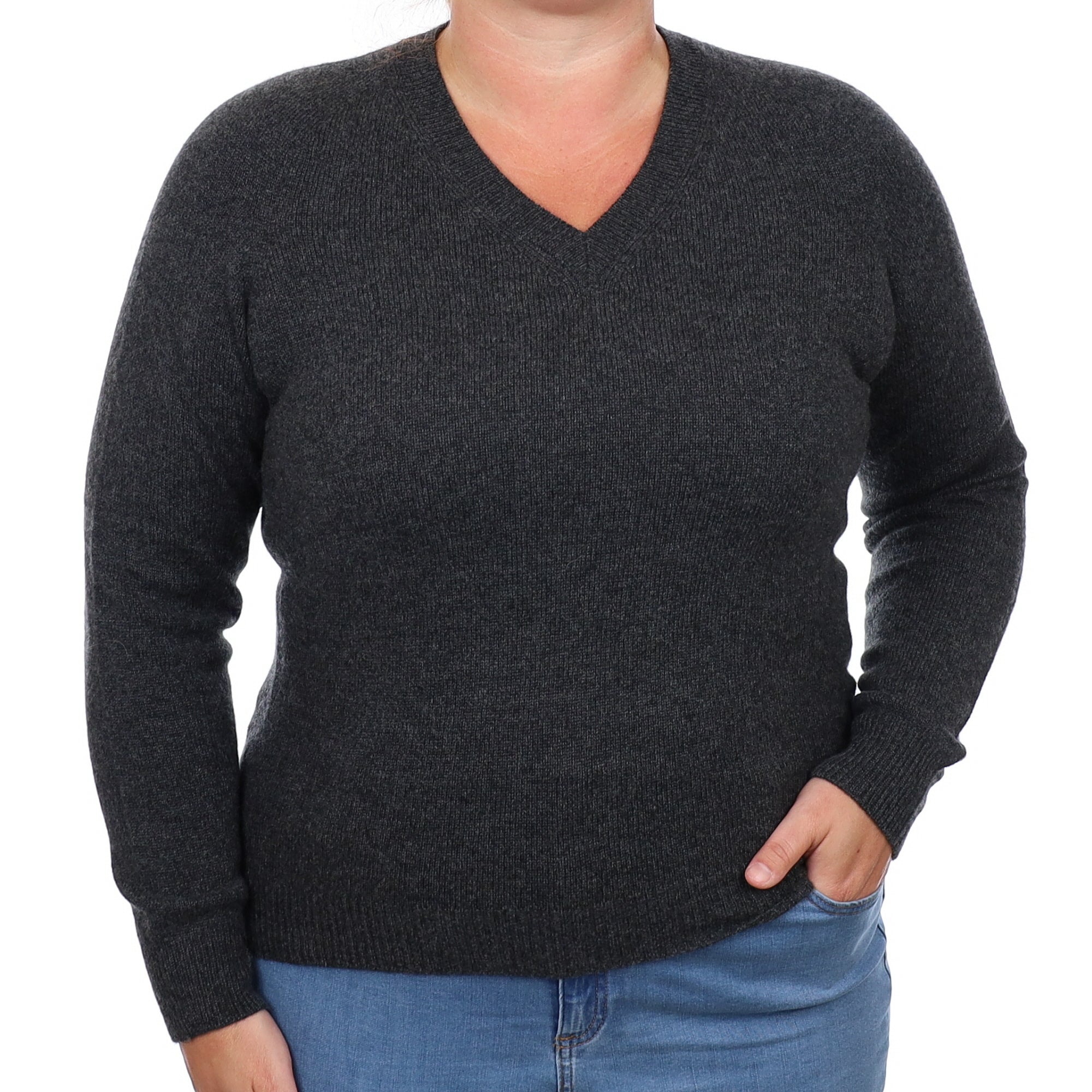 Brand New Scottish Charcoal Grey Cashmere V Neck Jumper Large