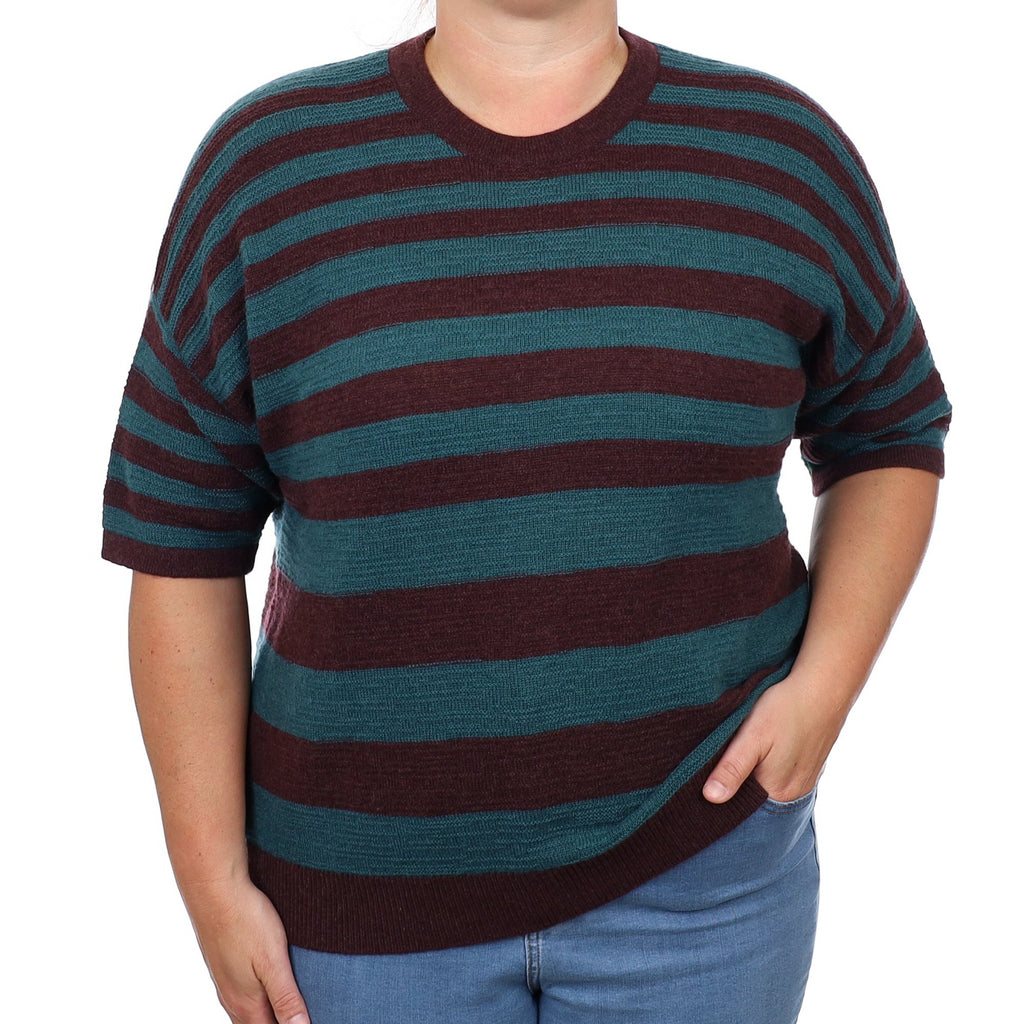 Brand New Scottish Forest and Aubergine Stripe Cashmere Short Sleeved Jumper Large