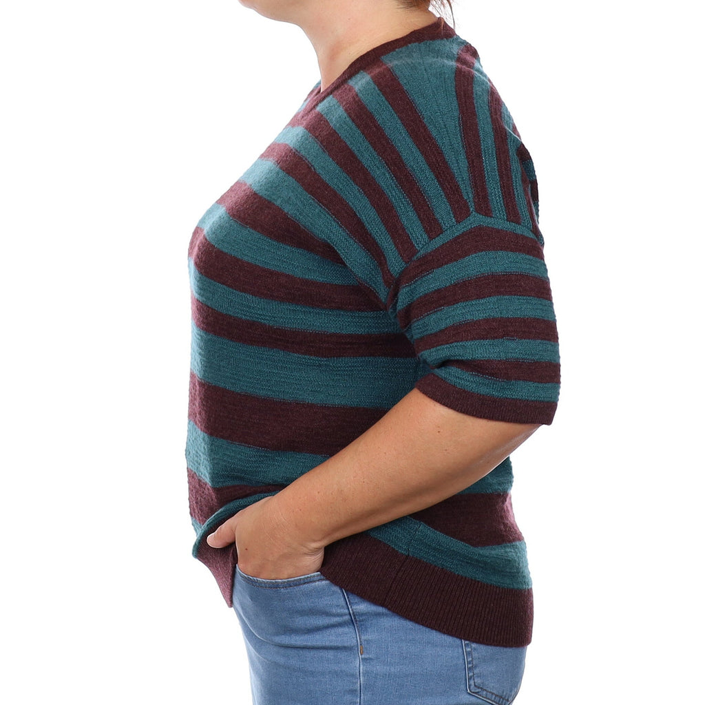 Brand New Scottish Forest and Aubergine Stripe Cashmere Short Sleeved Jumper Large