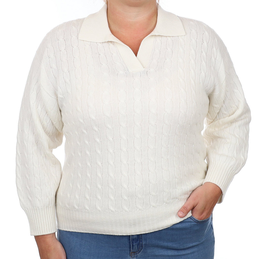 Brand New Scottish Winter White Cable Cashmere Collared V Neck Jumper Large