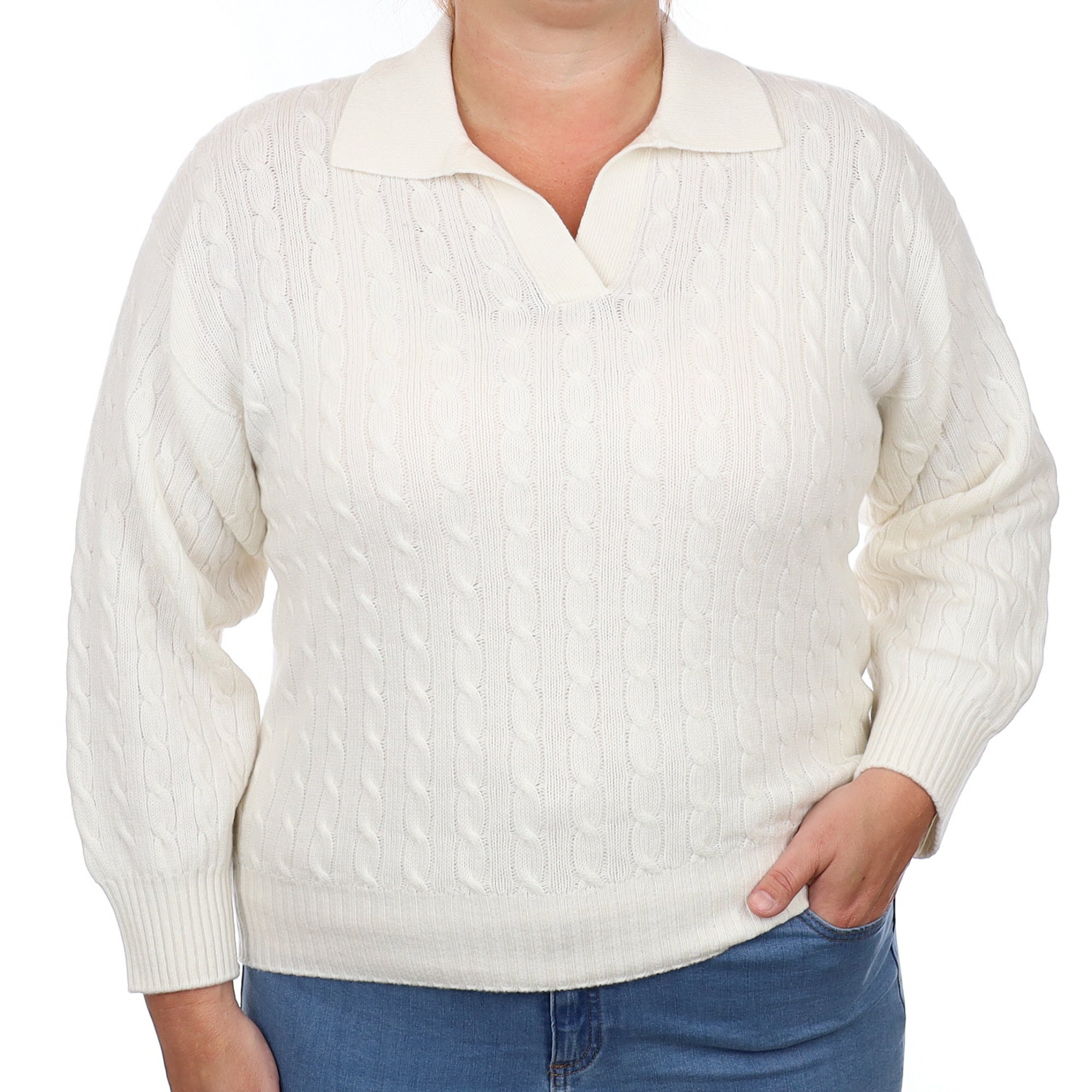 Brand New Scottish Winter White Cable Cashmere Collared V Neck Jumper Large